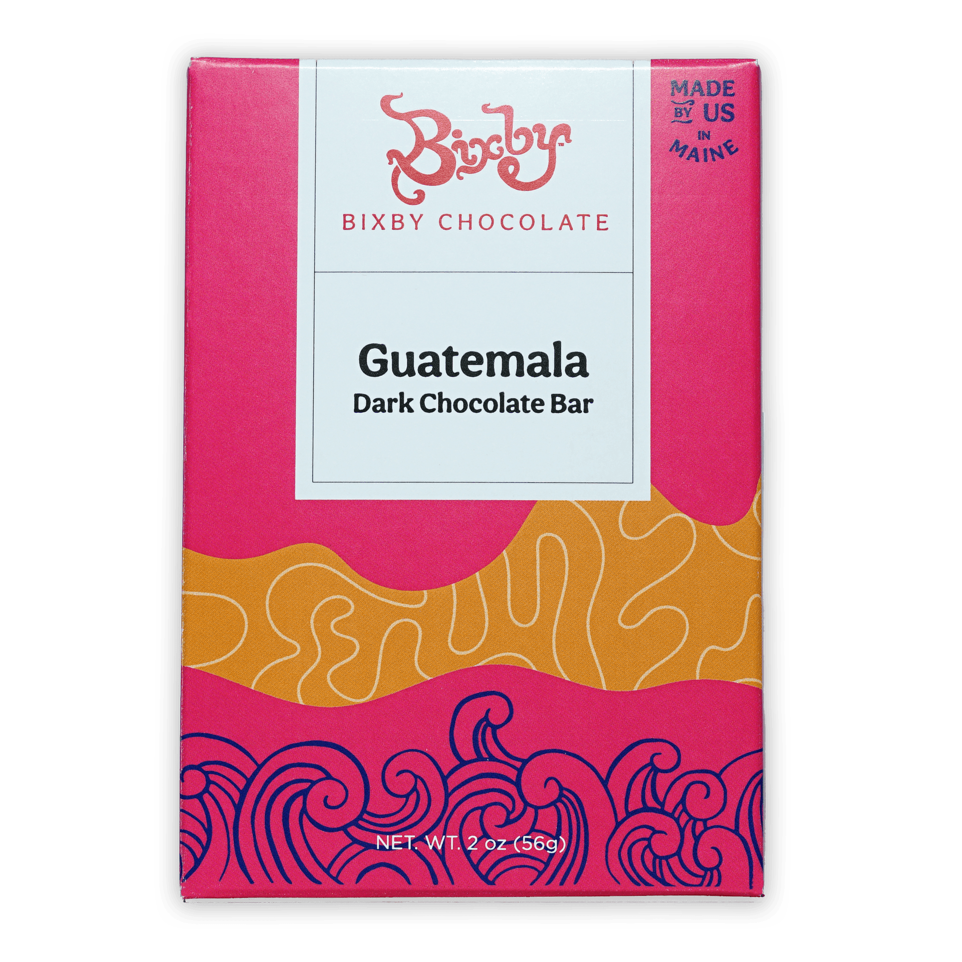 Bixby Dark Chocolate Guatemala 70% bar in vibrant pink orange package