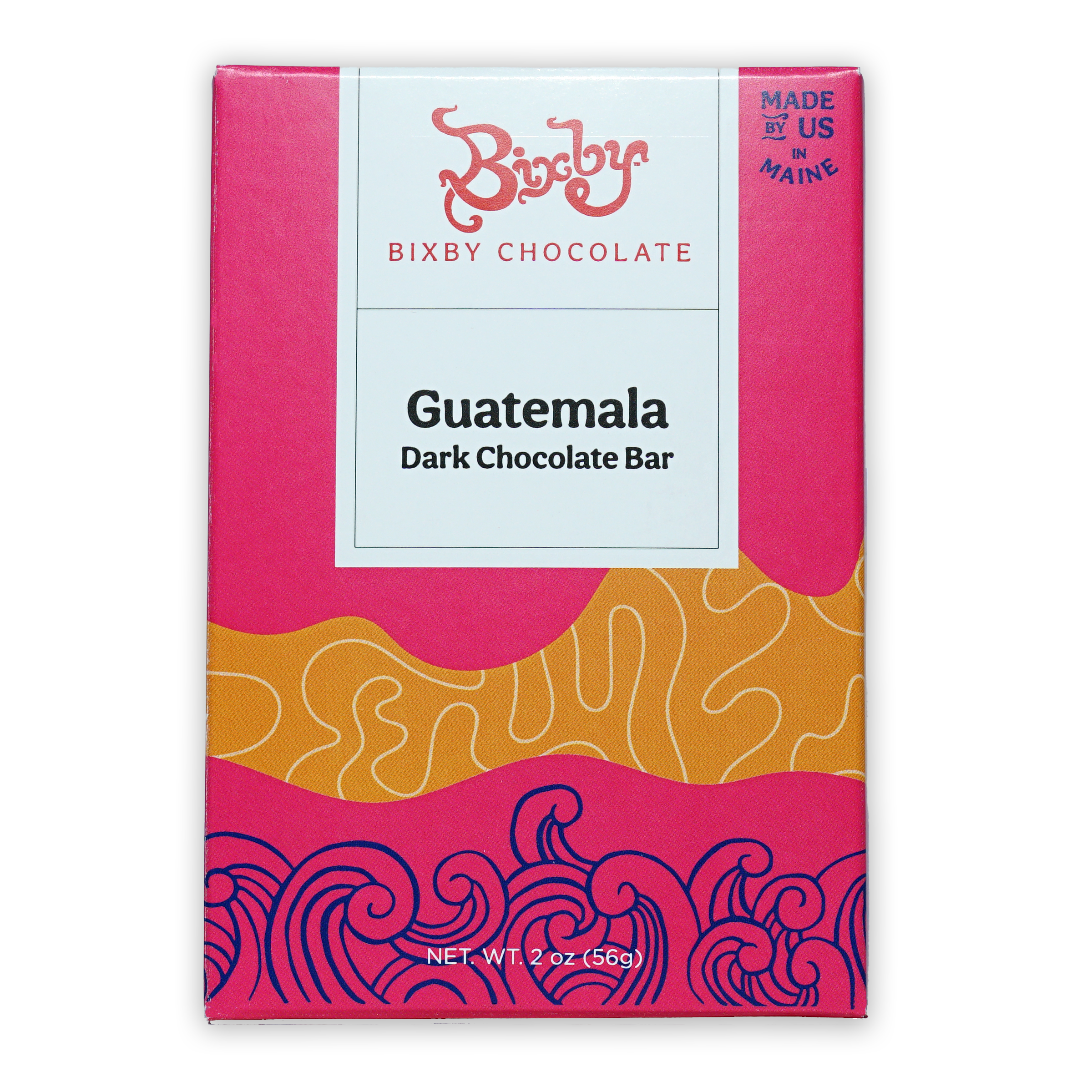 Bixby Dark Chocolate Guatemala 70% bar in vibrant pink orange package