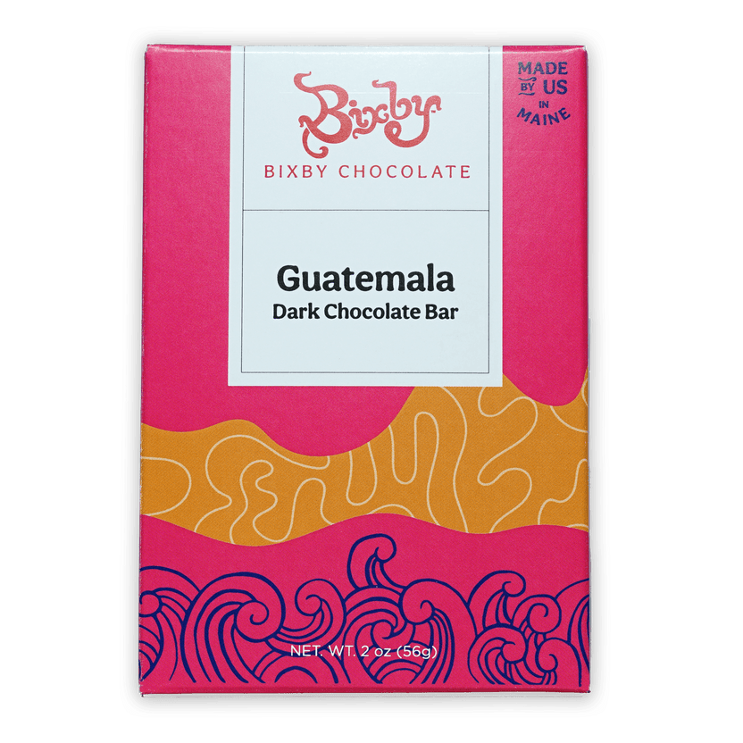 Bixby Dark Chocolate Guatemala 70% bar in vibrant pink orange package