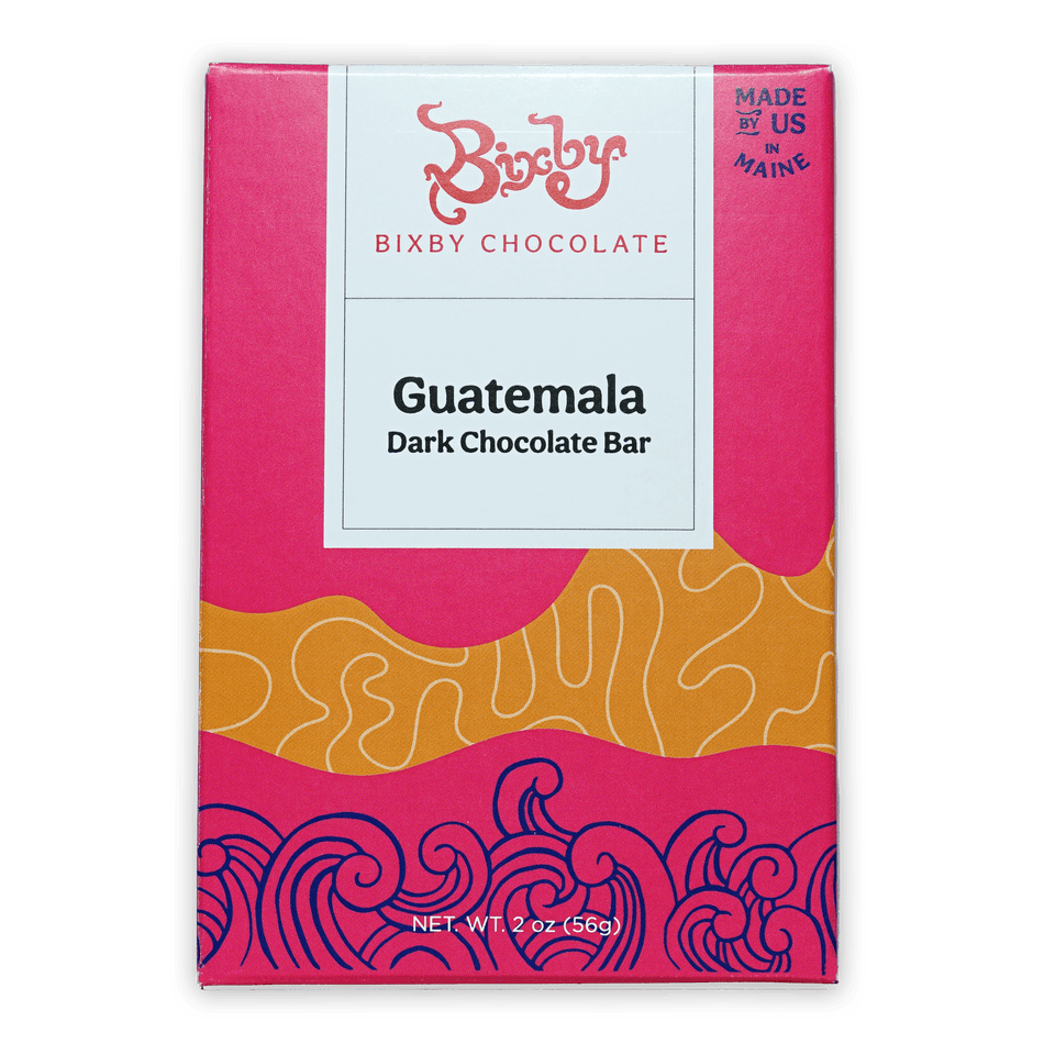 Bixby Dark Chocolate Guatemala 70% bar in vibrant pink orange package