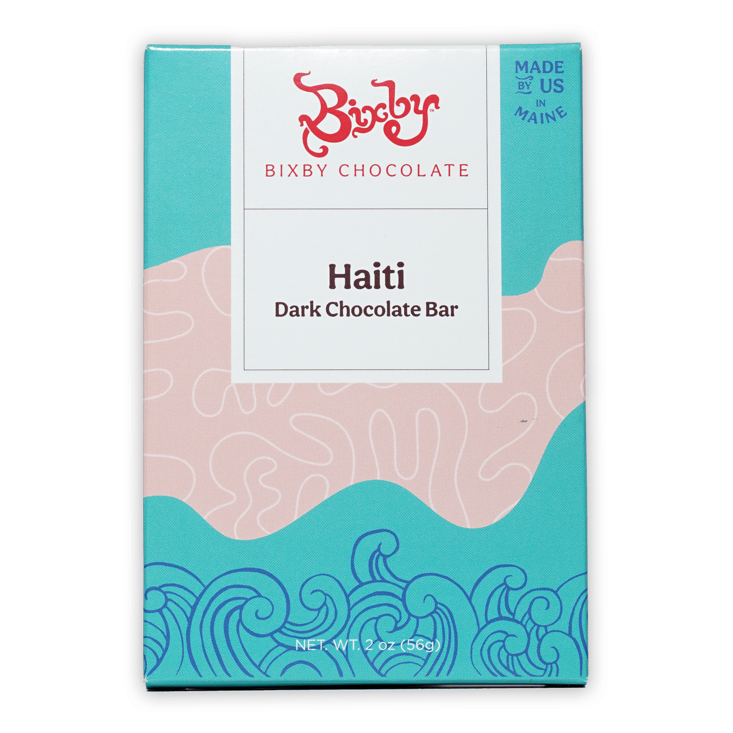 Bixby Dark Chocolate Haiti 70% bar in teal pink package with blue waves