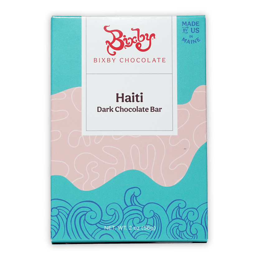 Bixby Dark Chocolate Haiti 70% bar in teal pink package with blue waves