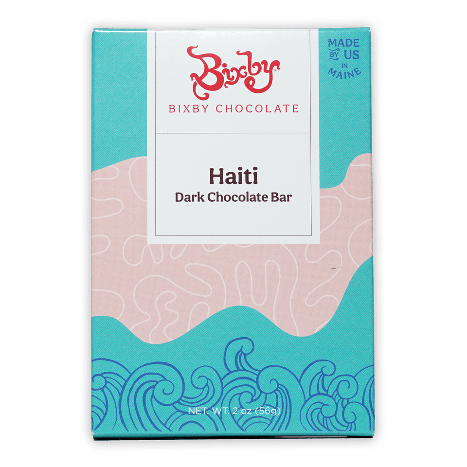 Bixby Dark Chocolate Haiti 70% bar in teal pink package with blue waves
