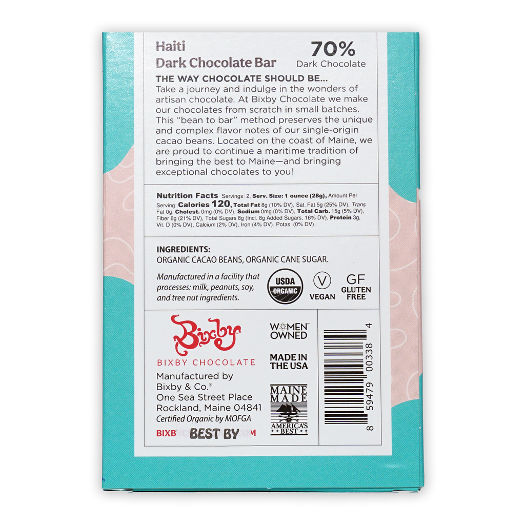 Bixby Dark Chocolate Haiti 70% bar in teal pink wrapper