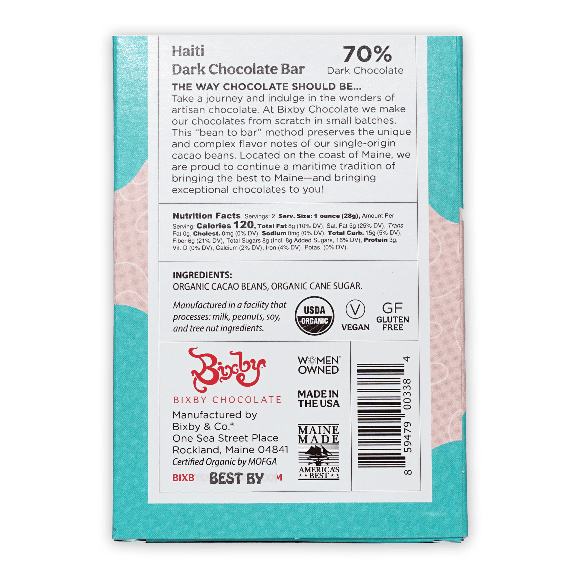 Bixby Dark Chocolate Haiti 70% bar in teal pink wrapper