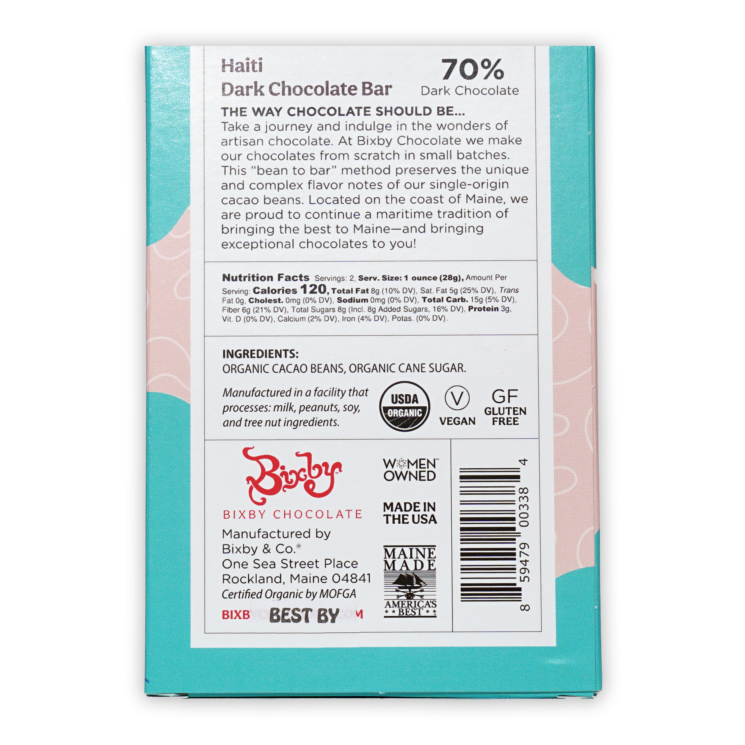 Bixby Dark Chocolate Haiti 70% bar in teal pink wrapper