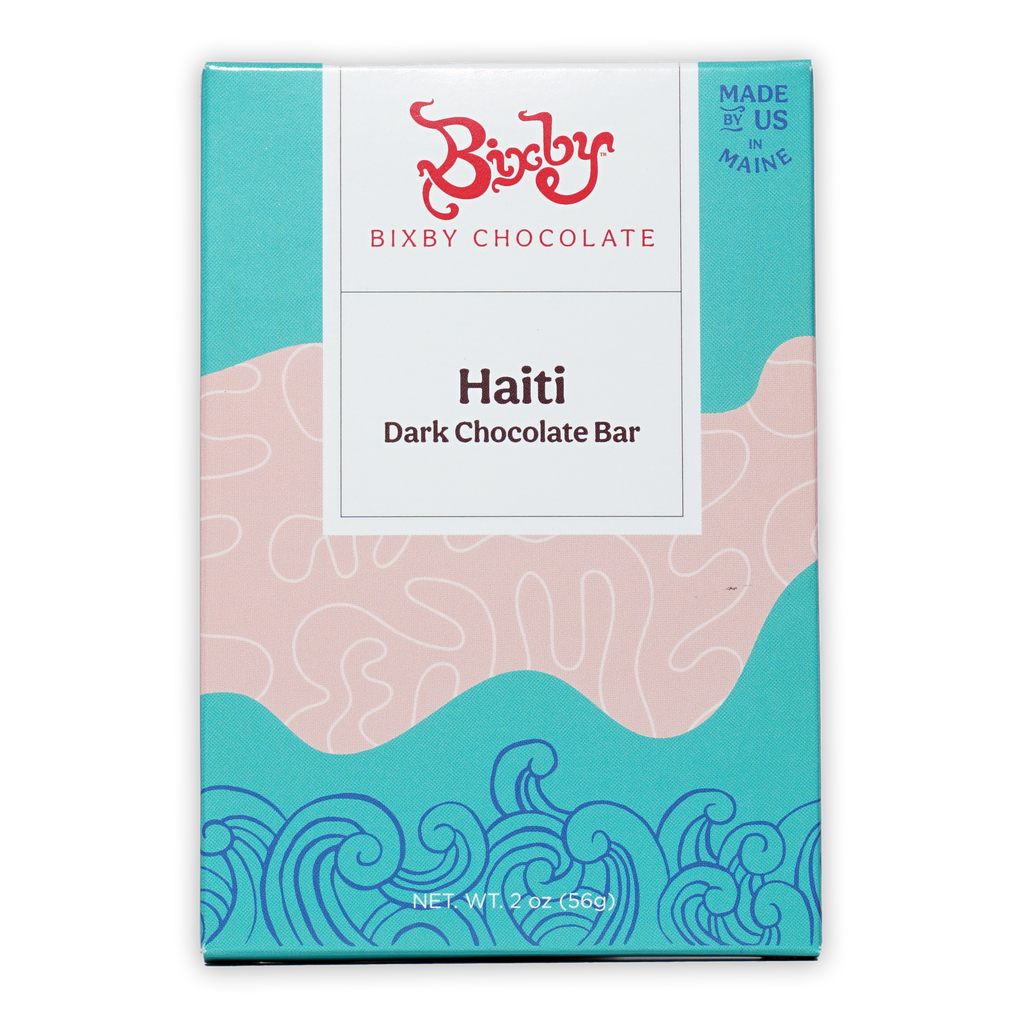 Bixby Dark Chocolate Haiti 70% bar in teal pink package with blue waves