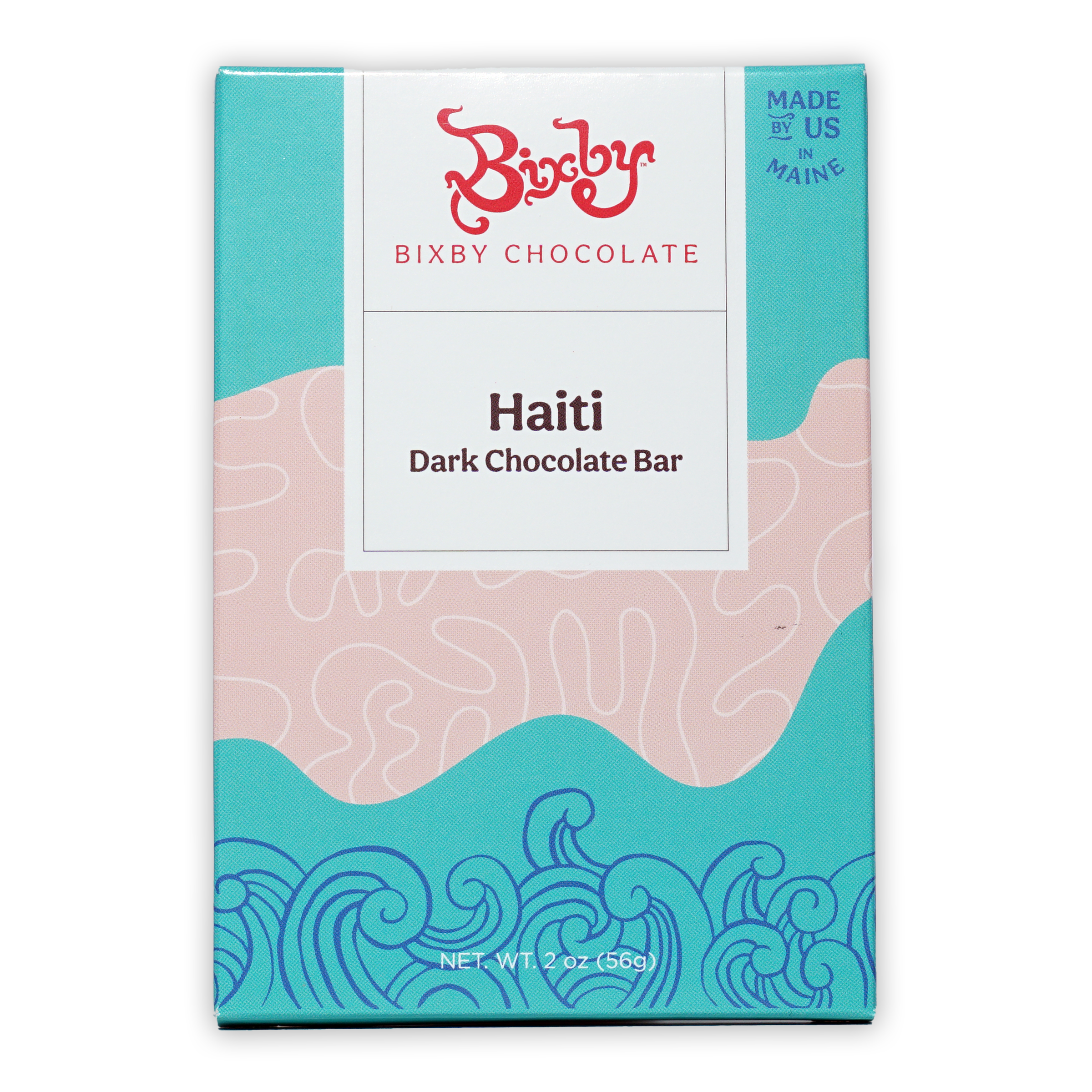 Bixby Dark Chocolate Haiti 70% bar in teal pink package with blue waves