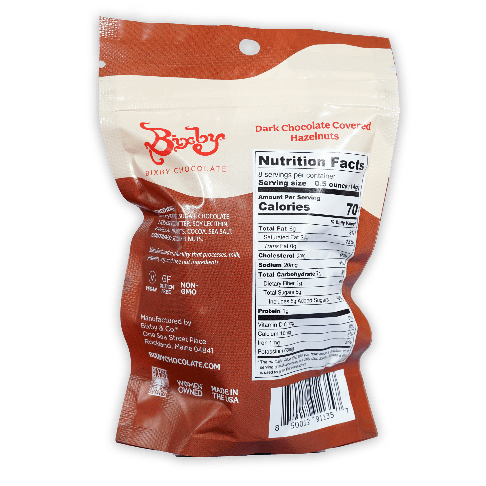Back of Bixby Dark Chocolate Covered Hazelnuts bag with nutrition info