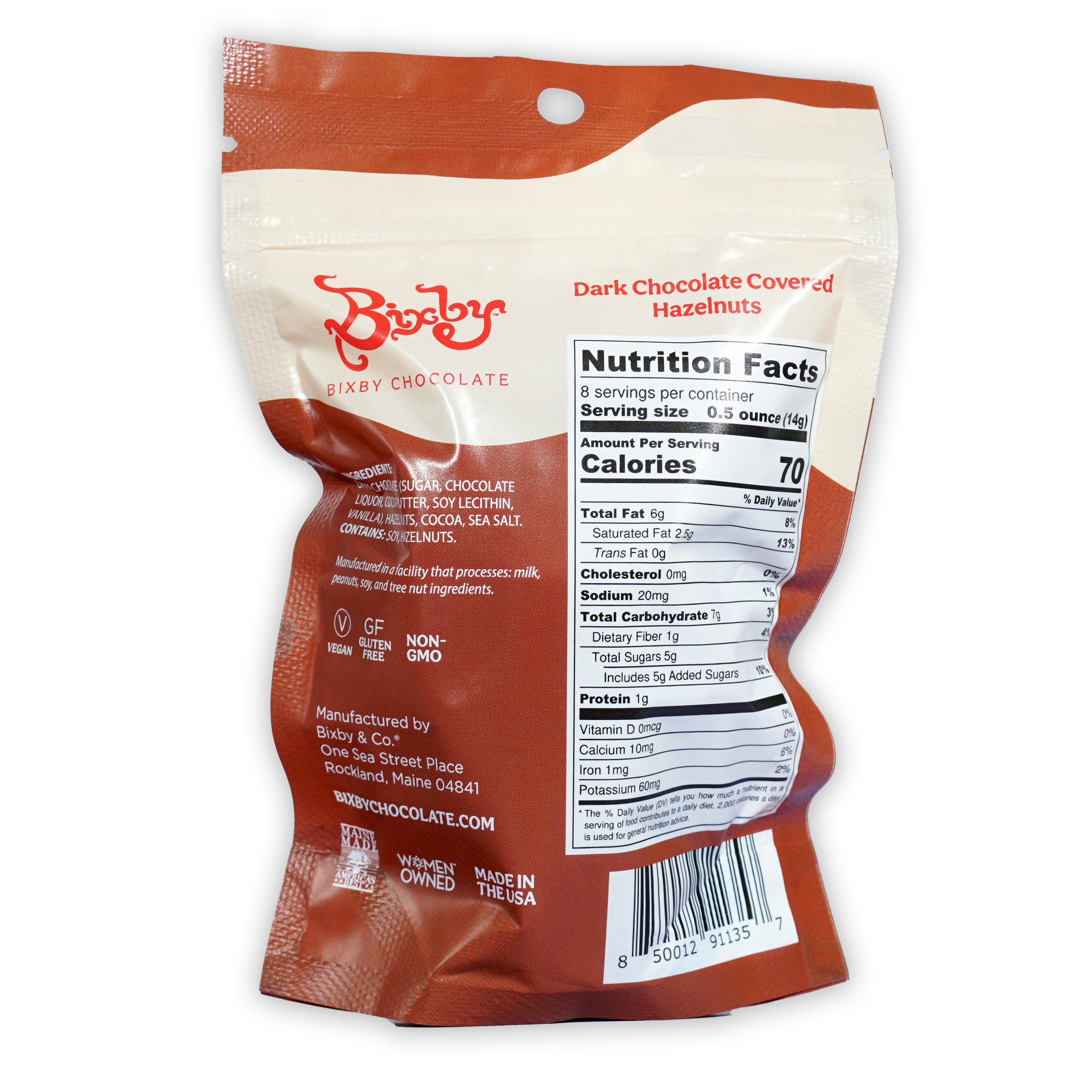 Back of Bixby Dark Chocolate Covered Hazelnuts bag with nutrition info