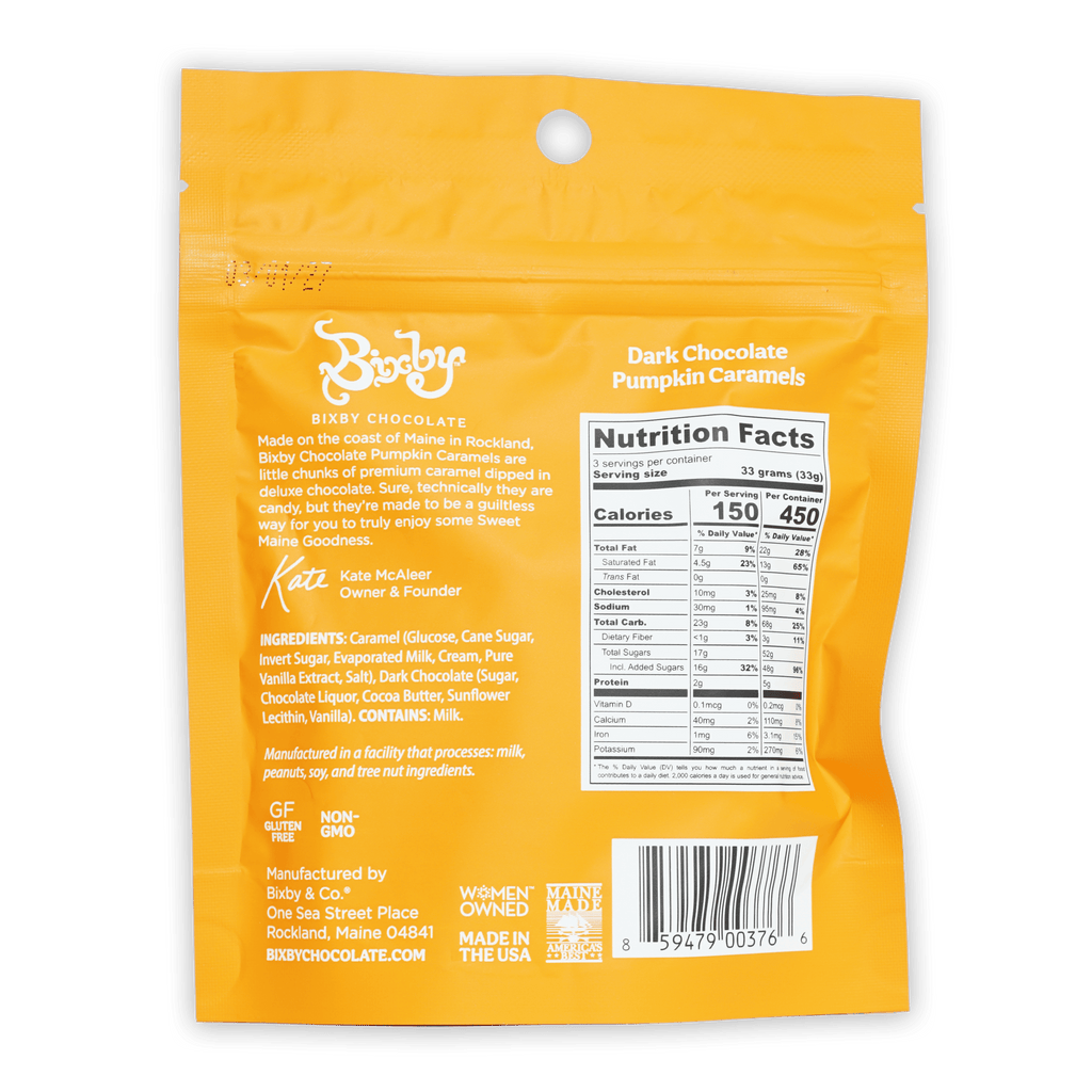 Bixby dark chocolate pumpkin caramels in bright yellow pouch