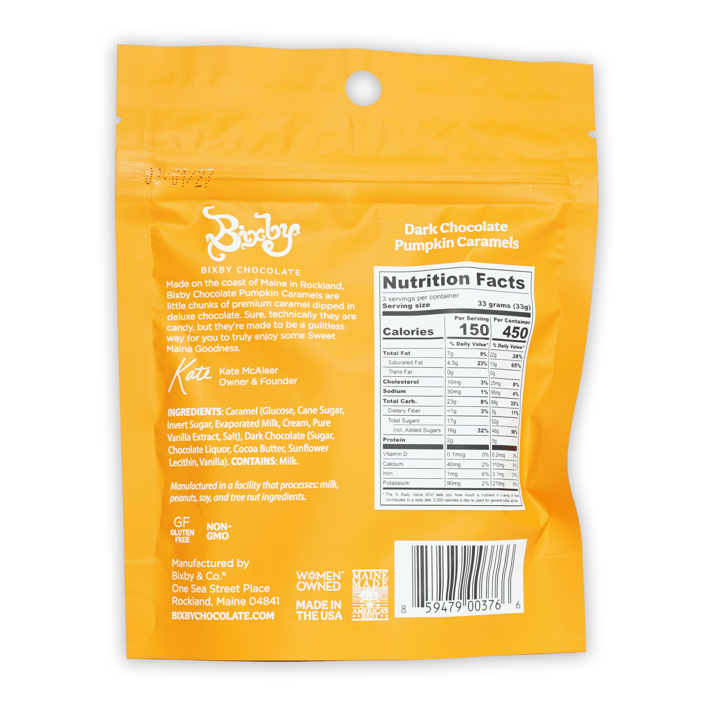 Bixby dark chocolate pumpkin caramels in bright yellow pouch