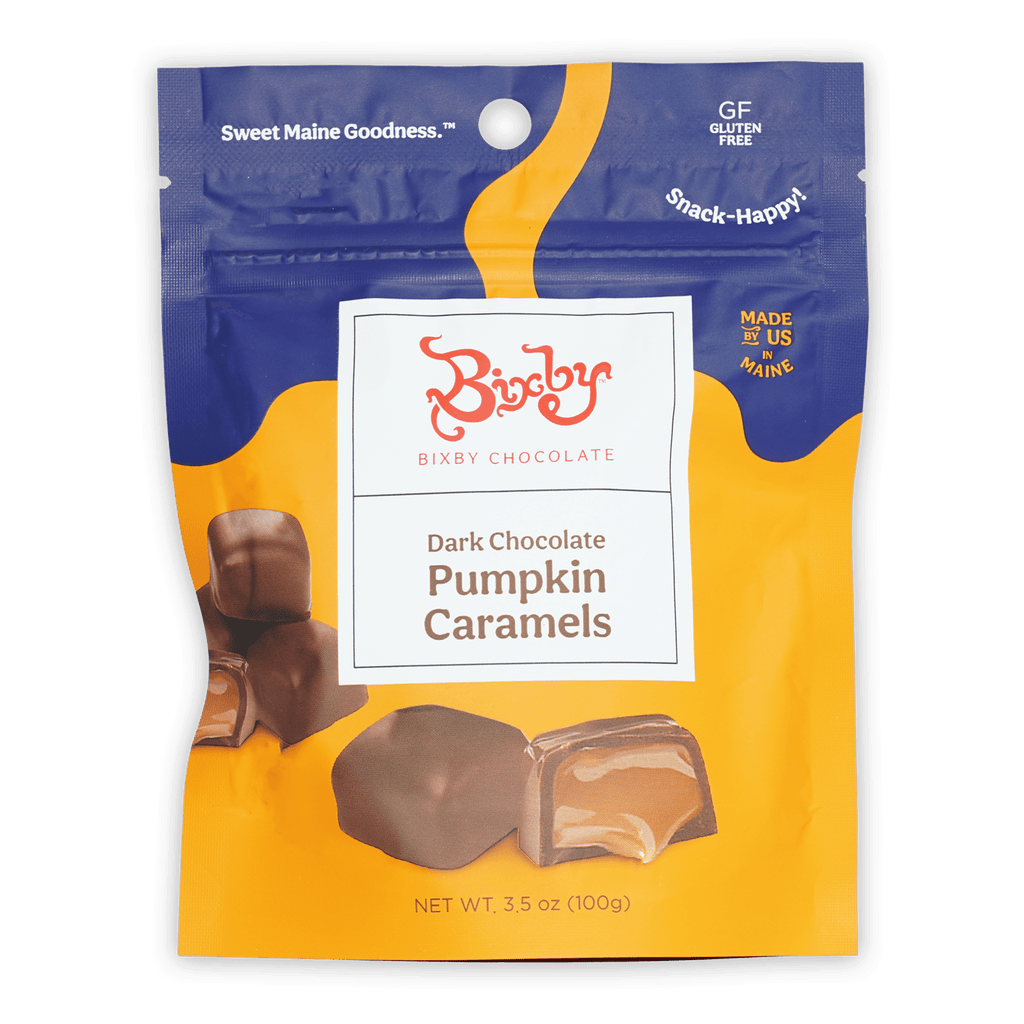 Bixby dark chocolate pumpkin caramels in vibrant blue yellow resealable bag