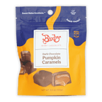 Bixby dark chocolate pumpkin caramels in vibrant blue yellow resealable bag