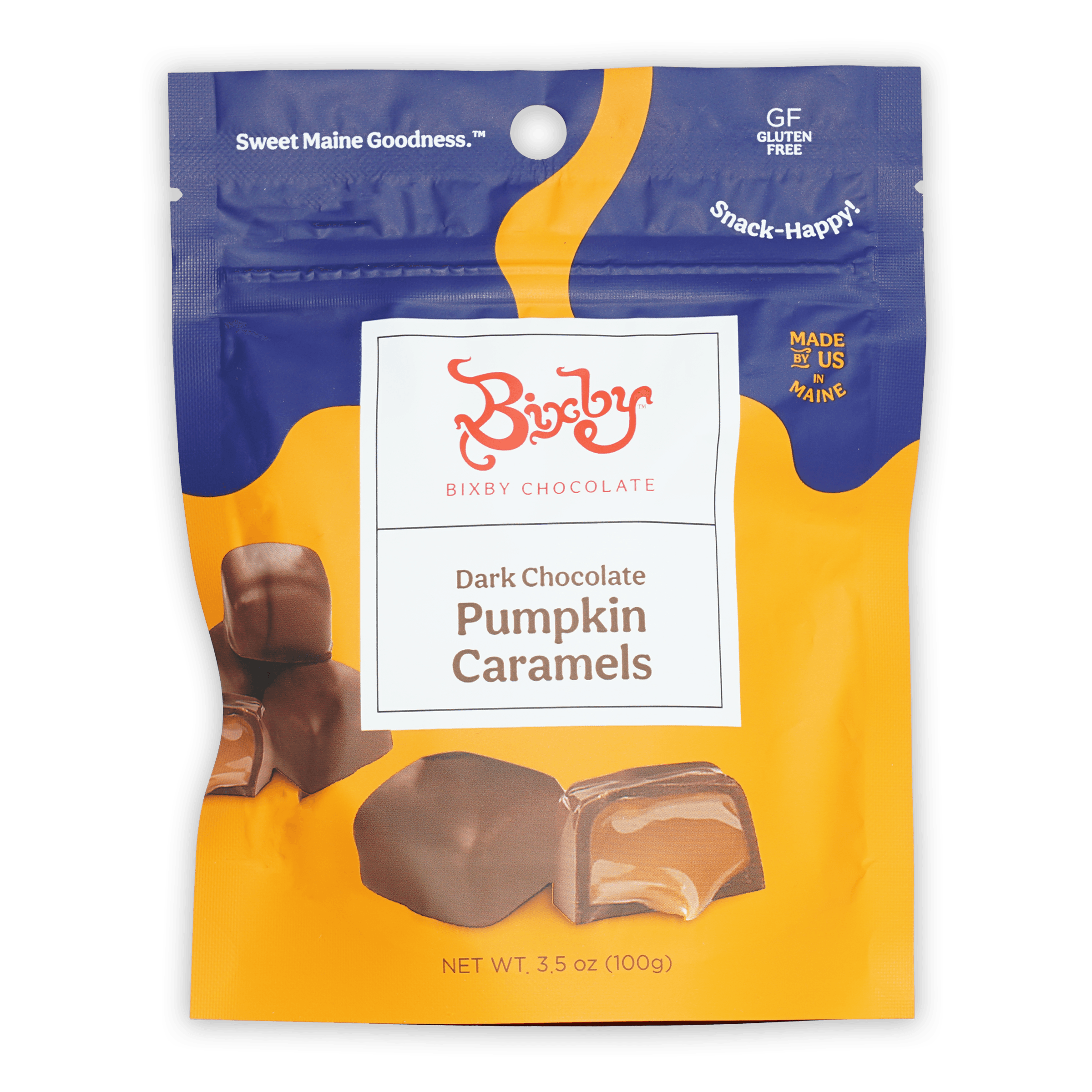 Bixby dark chocolate pumpkin caramels in vibrant blue yellow resealable bag