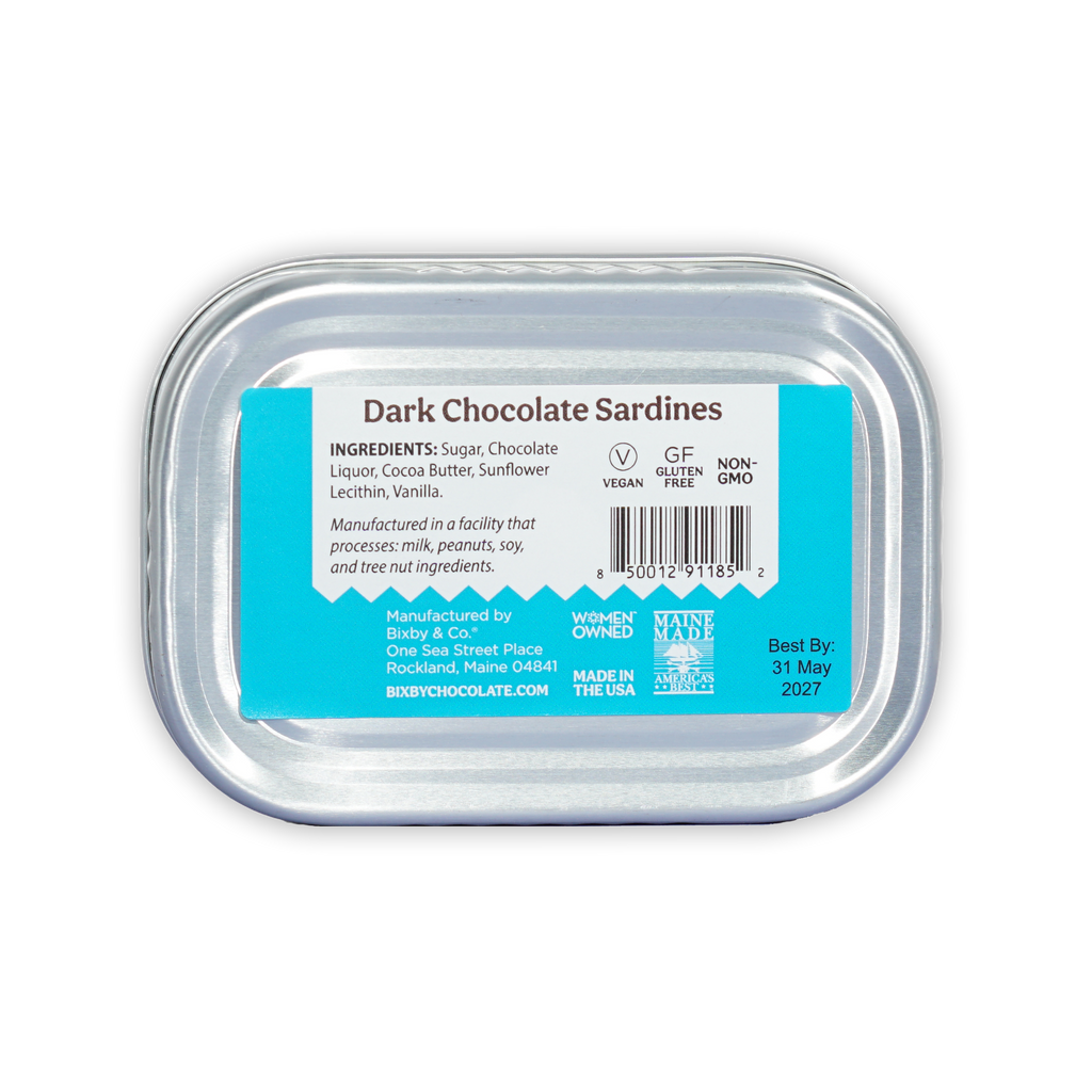 Bixby Tinned Dark Chocolate Sardines in transparent plastic container