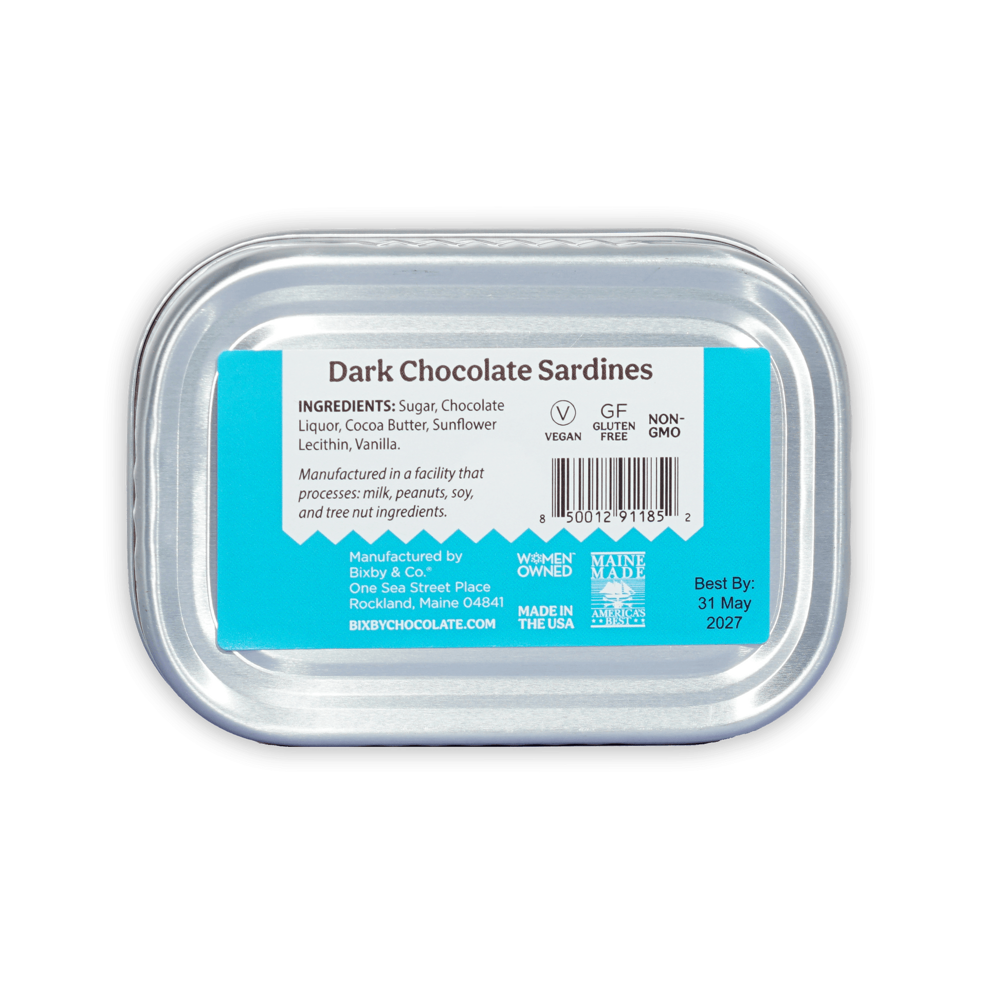 Bixby Tinned Dark Chocolate Sardines in transparent plastic container