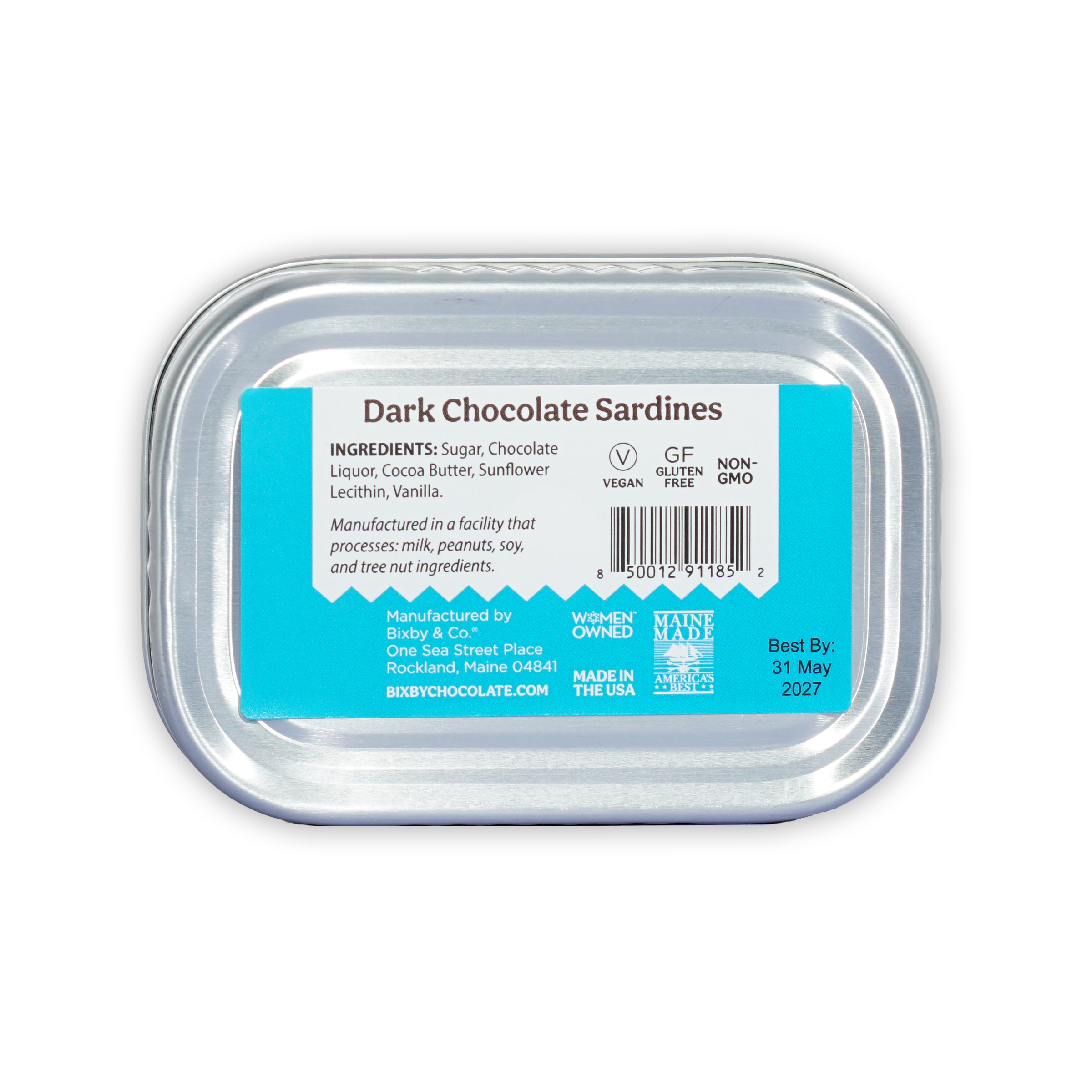 Bixby Tinned Dark Chocolate Sardines in transparent plastic container