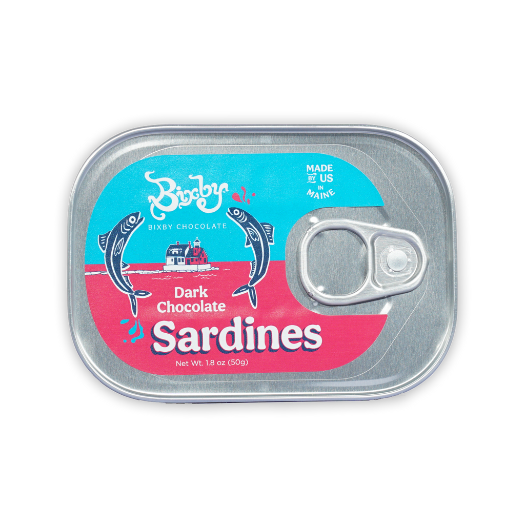 Bixby tinned dark chocolate sardines in silver tin with colorful label