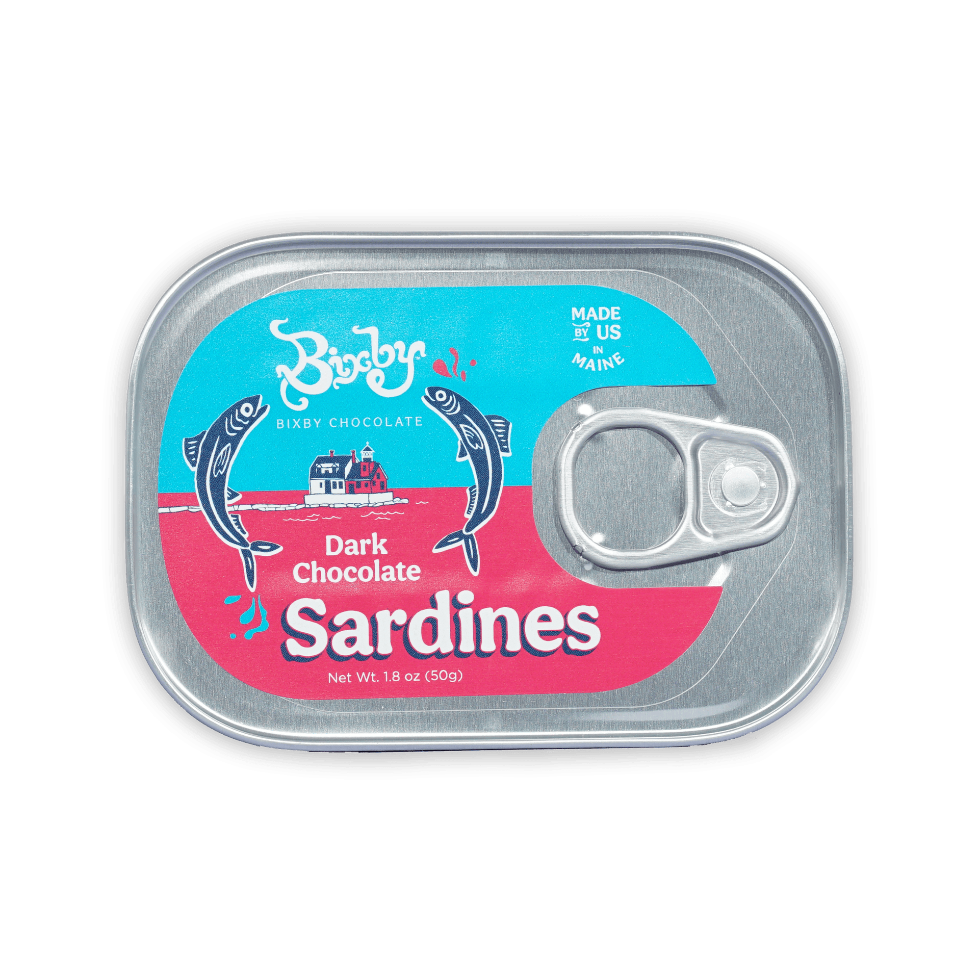 Bixby tinned dark chocolate sardines in silver tin with colorful label