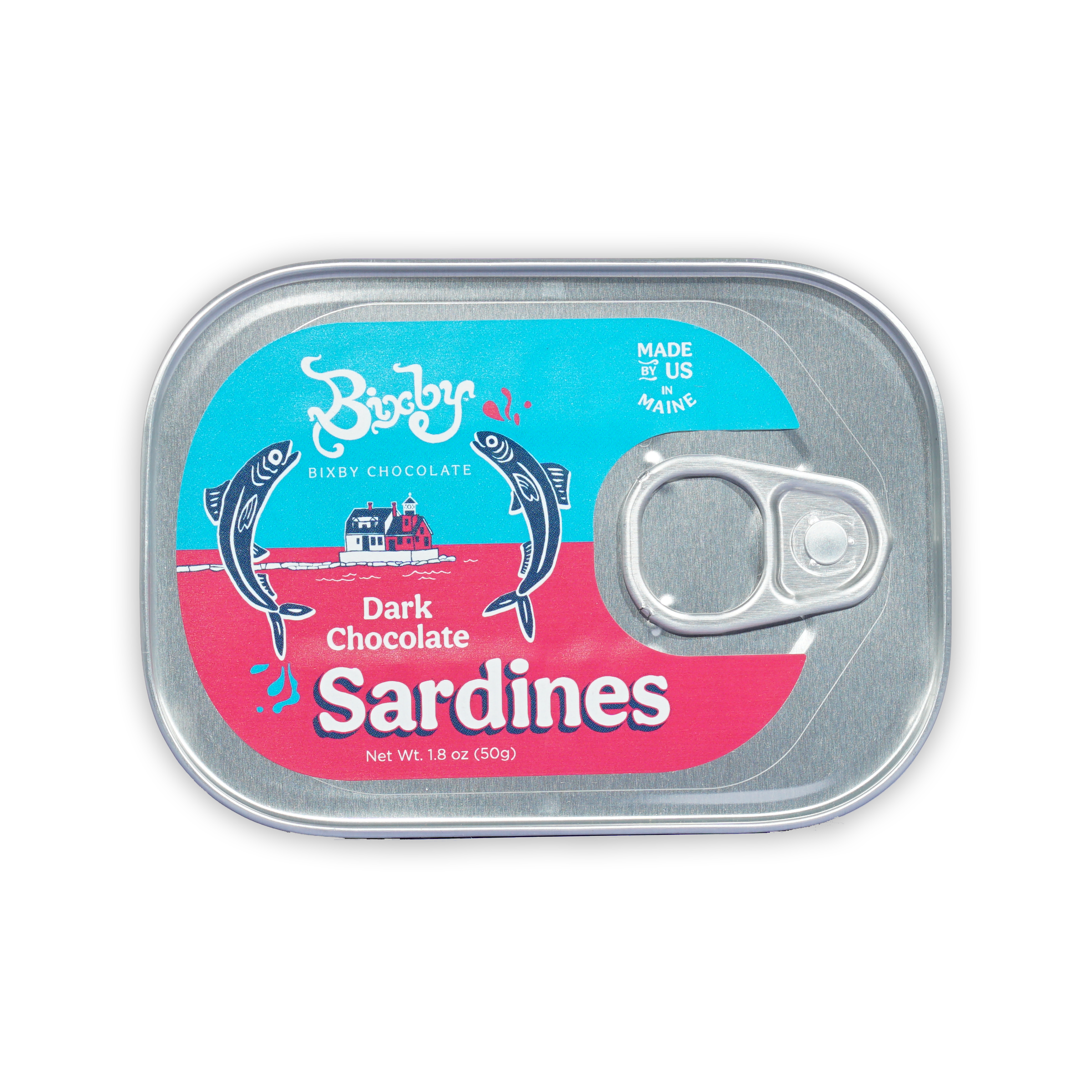 Bixby tinned dark chocolate sardines in silver tin with colorful label