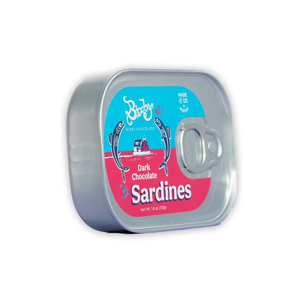 Bixby tinned dark chocolate sardines in silver tin with dolphin label