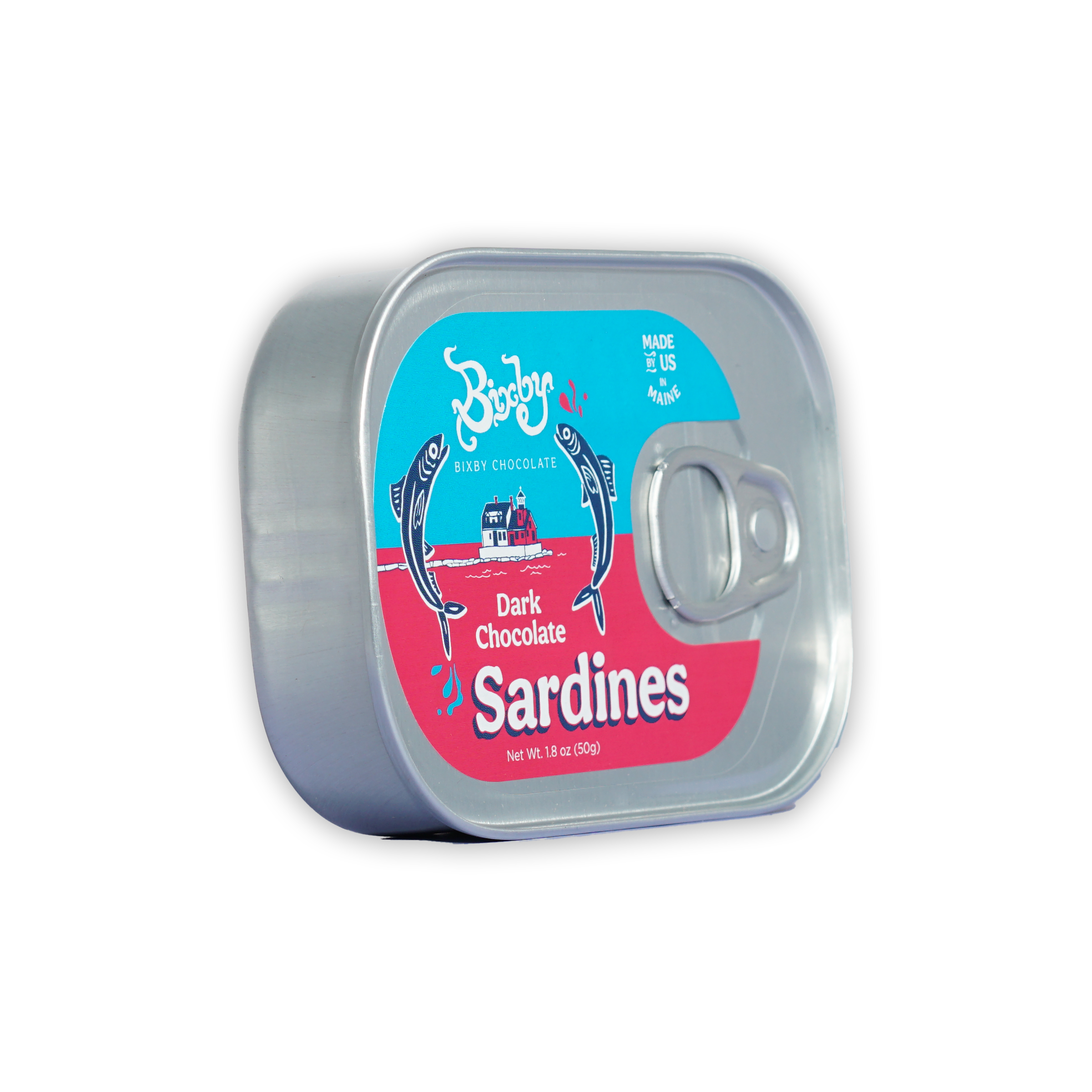 Bixby tinned dark chocolate sardines in silver tin with dolphin label