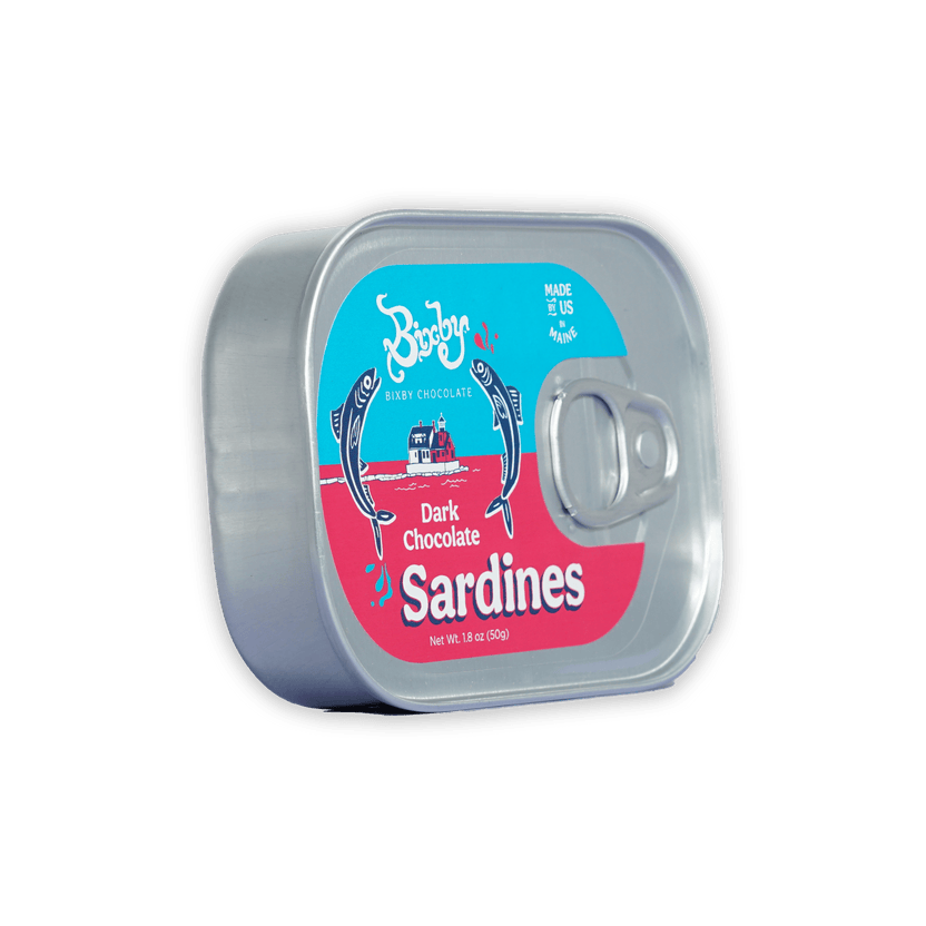 Bixby tinned dark chocolate sardines in silver tin with dolphin label