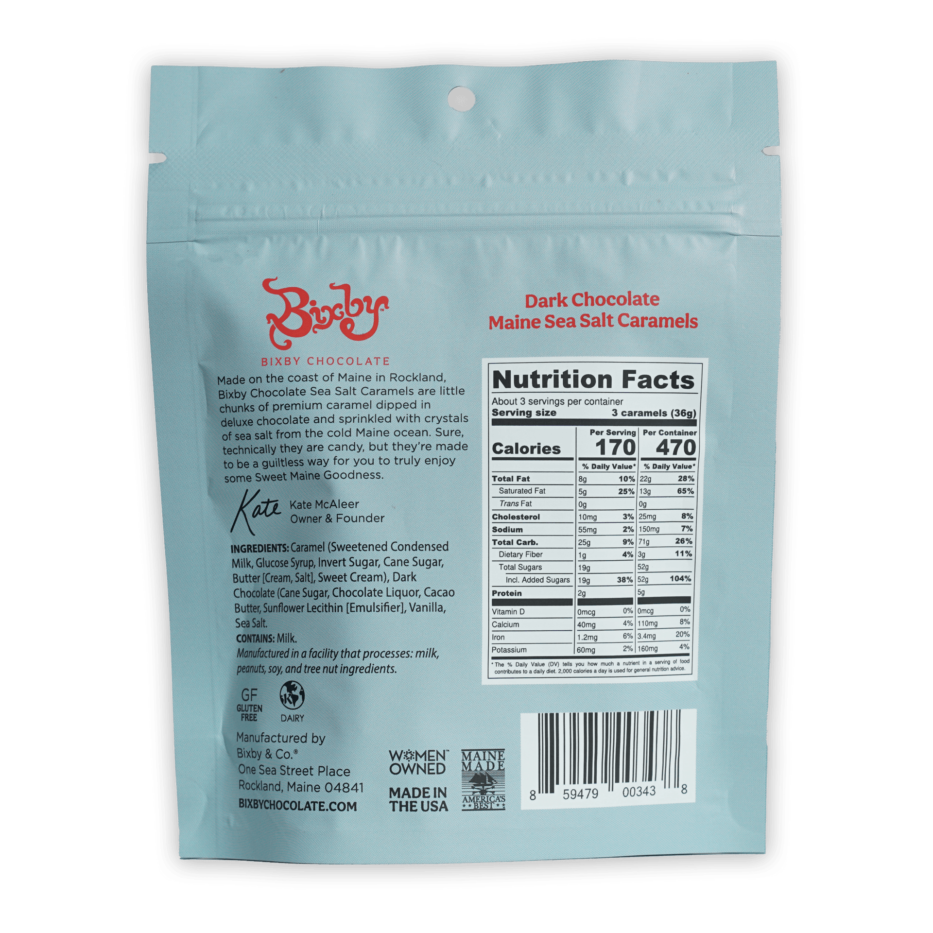 Light blue Bixby Dark Chocolate Maine Sea Salt Caramels pouch
