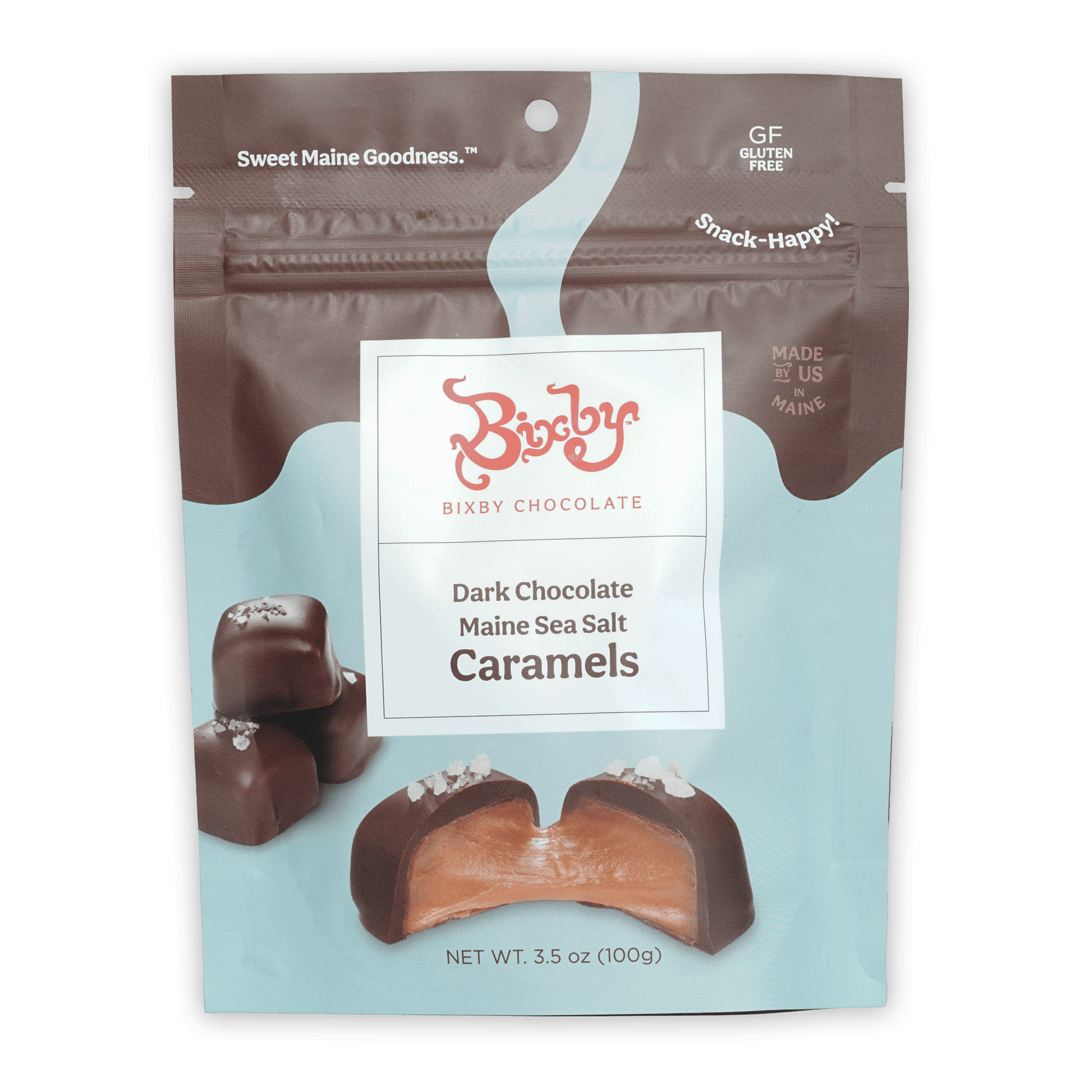 Bixby dark chocolate Maine sea salt caramels resealable pouch