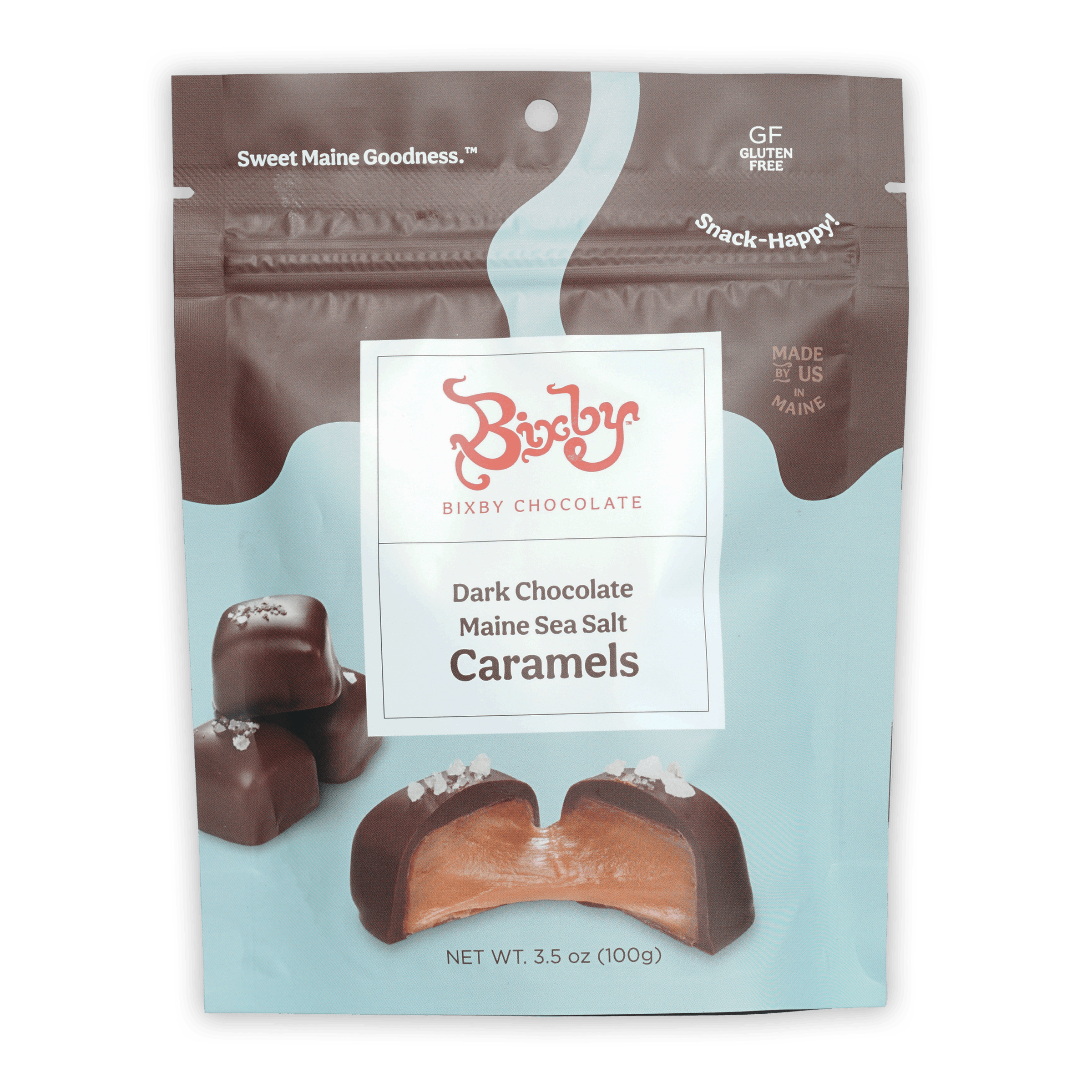 Bixby dark chocolate Maine sea salt caramels resealable pouch