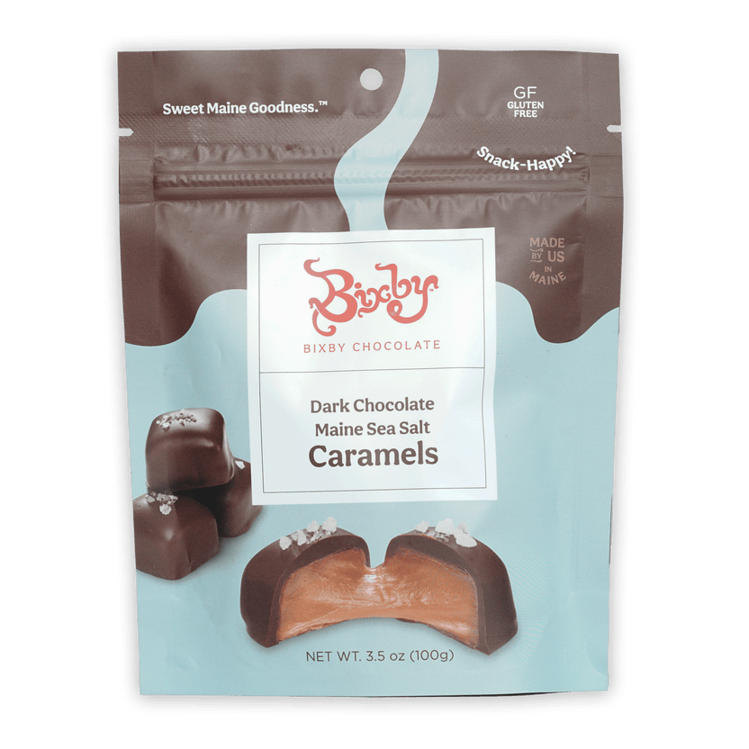 Bixby dark chocolate Maine sea salt caramels resealable pouch