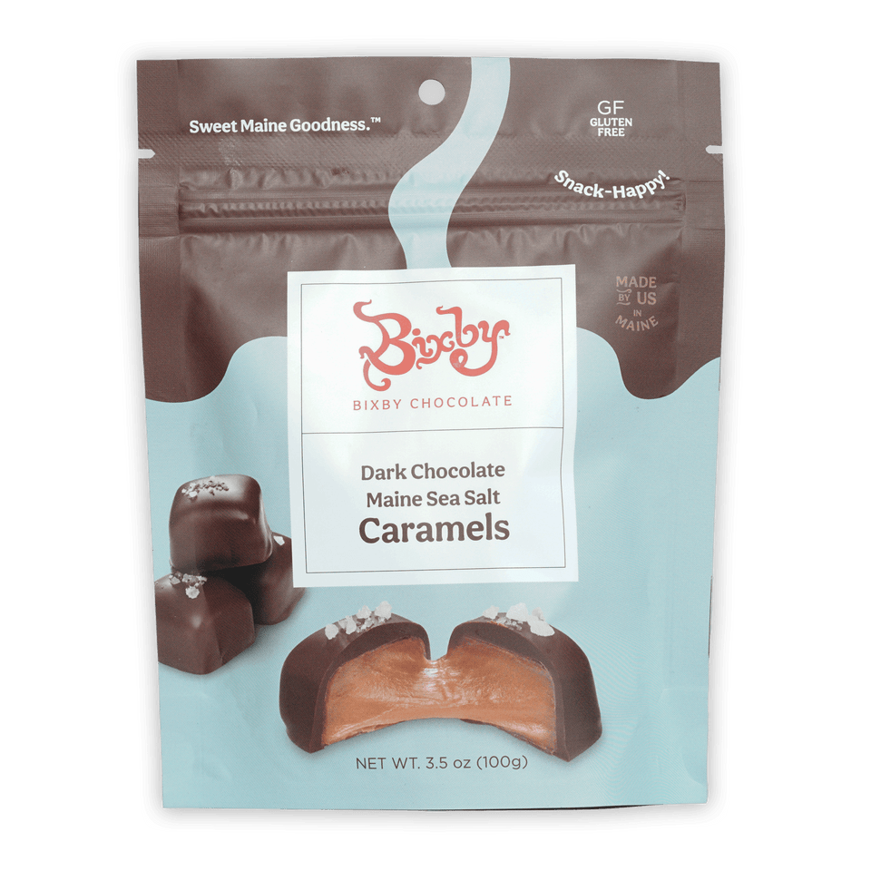 Bixby dark chocolate Maine sea salt caramels resealable pouch