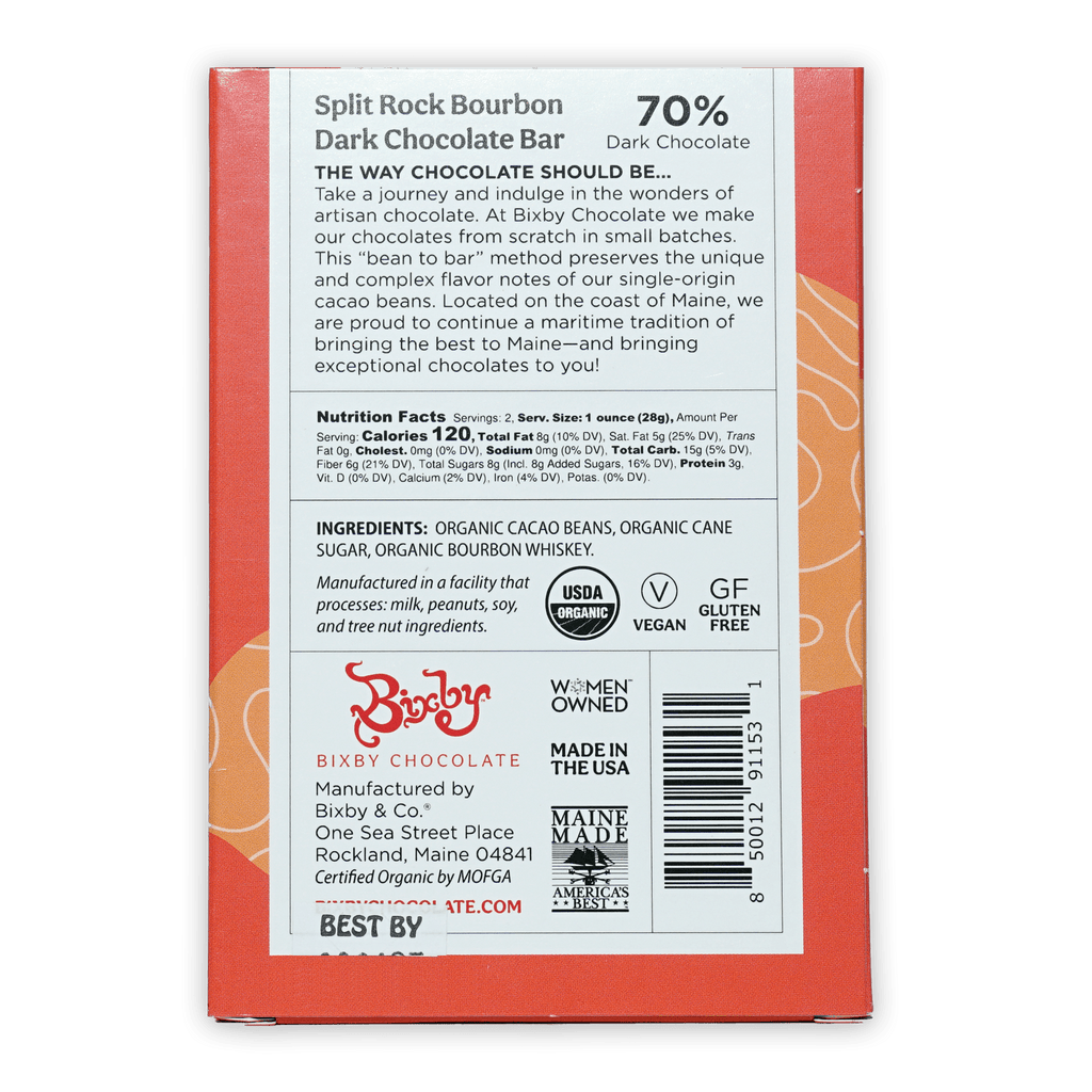 Bixby Dark Chocolate Split Rock Bourbon 70% orange bar package