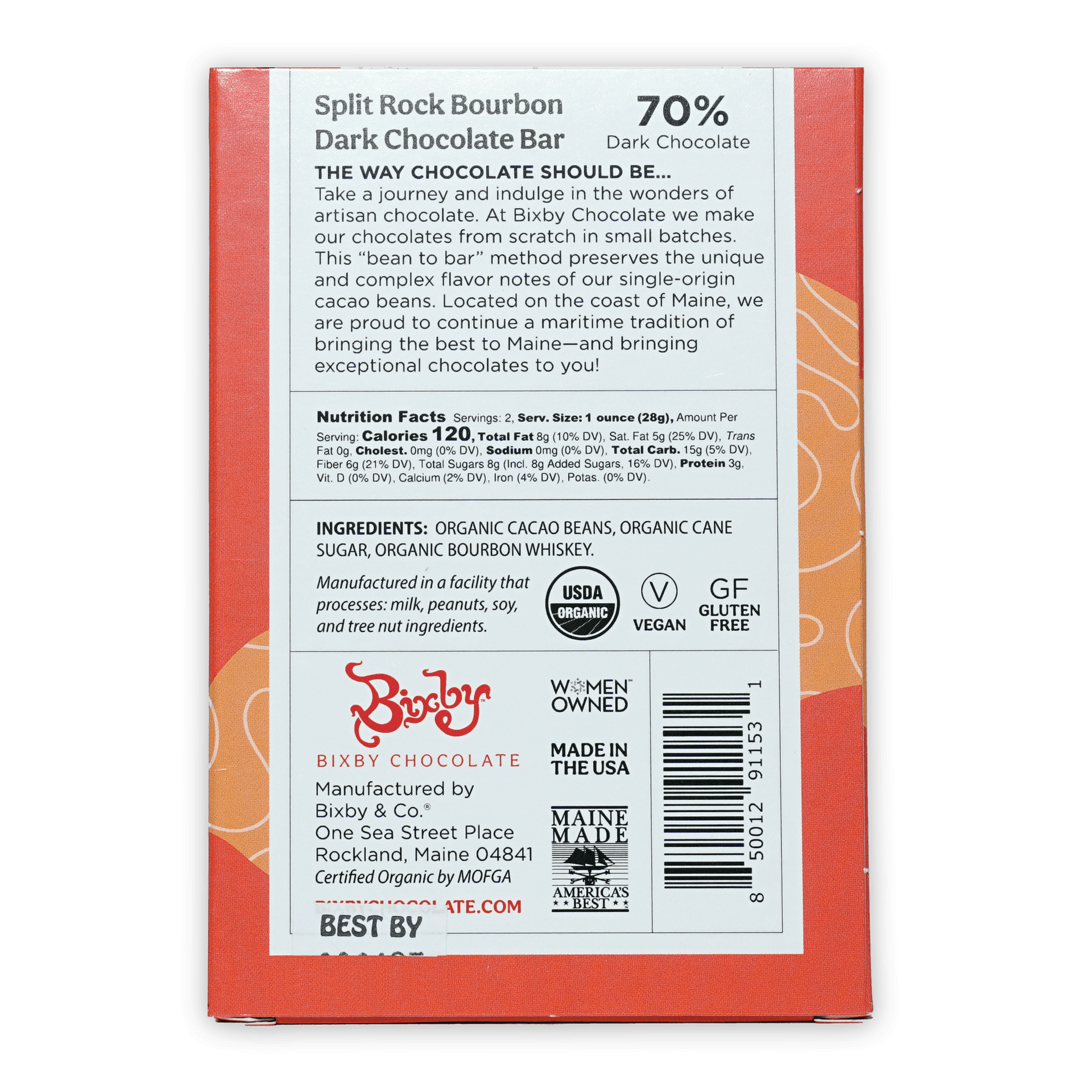 Bixby Dark Chocolate Split Rock Bourbon 70% orange bar package