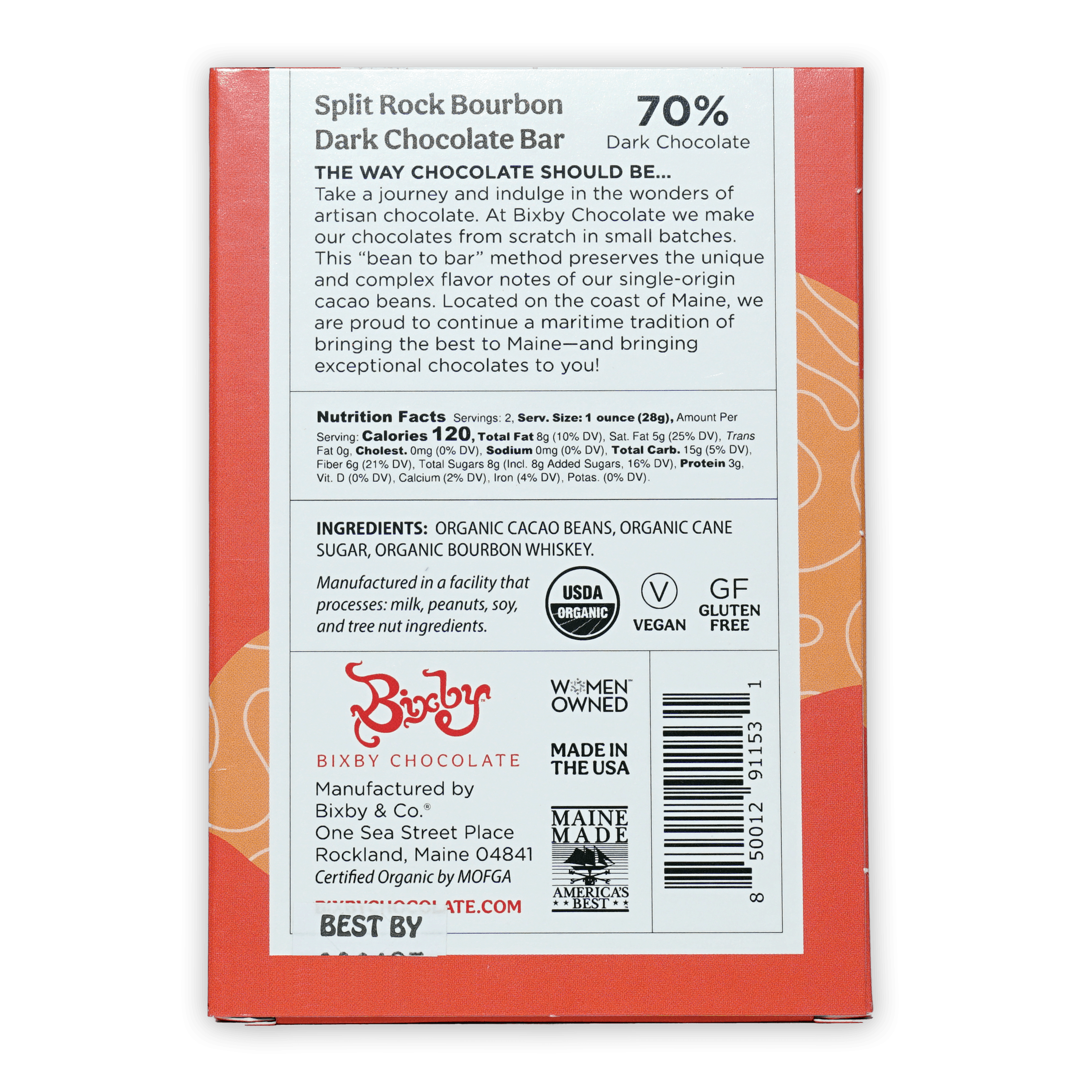 Bixby Dark Chocolate Split Rock Bourbon 70% orange bar package