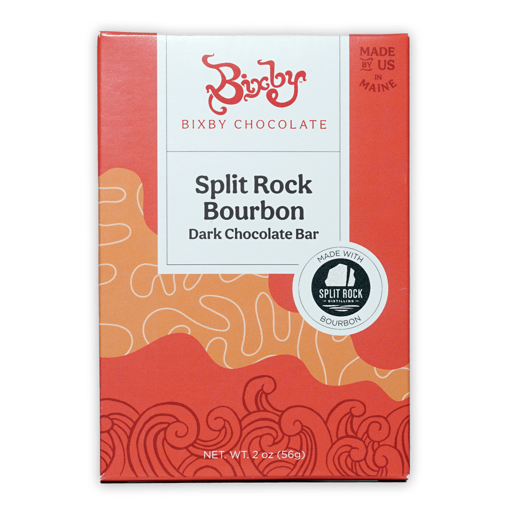 Bixby Split Rock Bourbon dark chocolate bar in red orange package