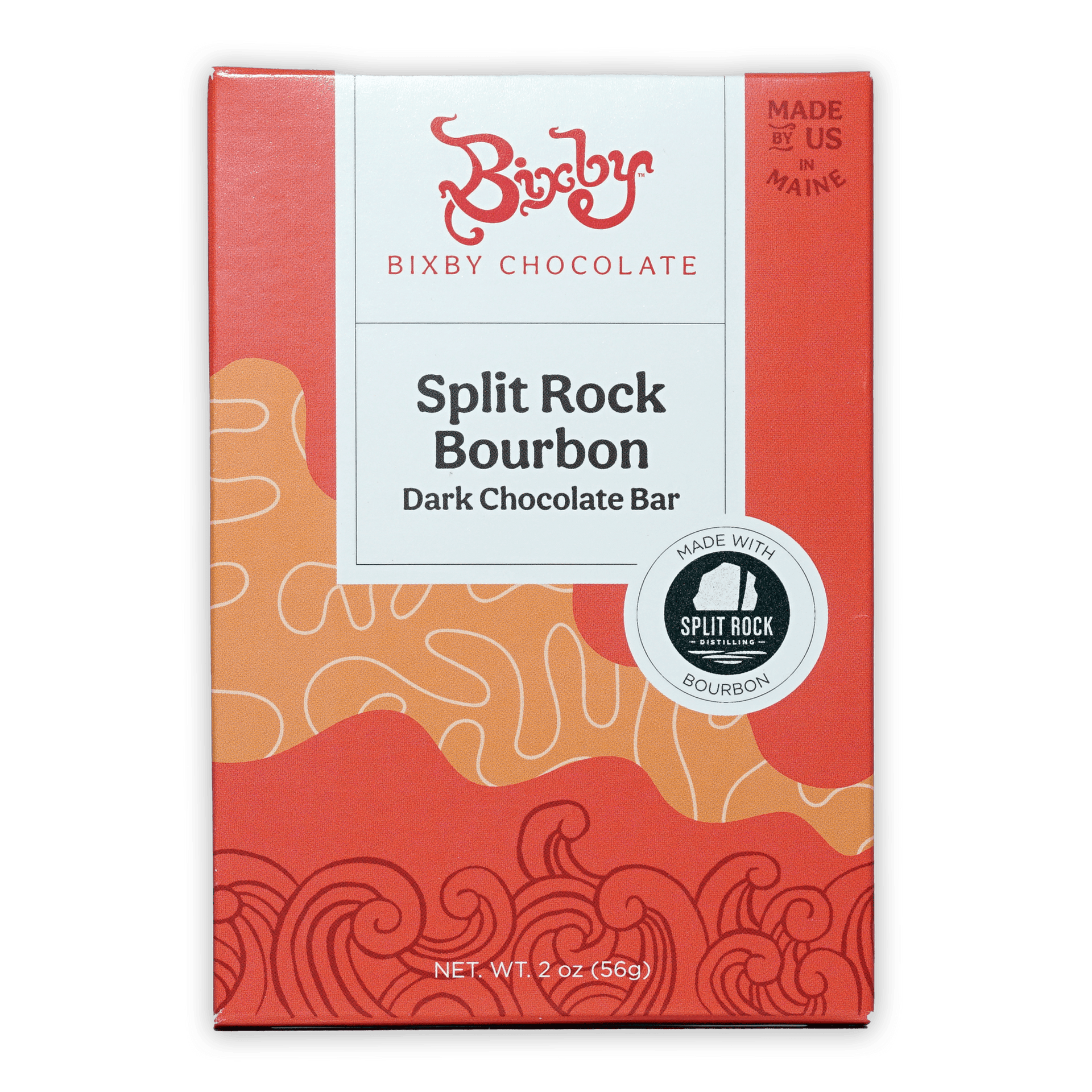 Bixby Split Rock Bourbon dark chocolate bar in red orange package
