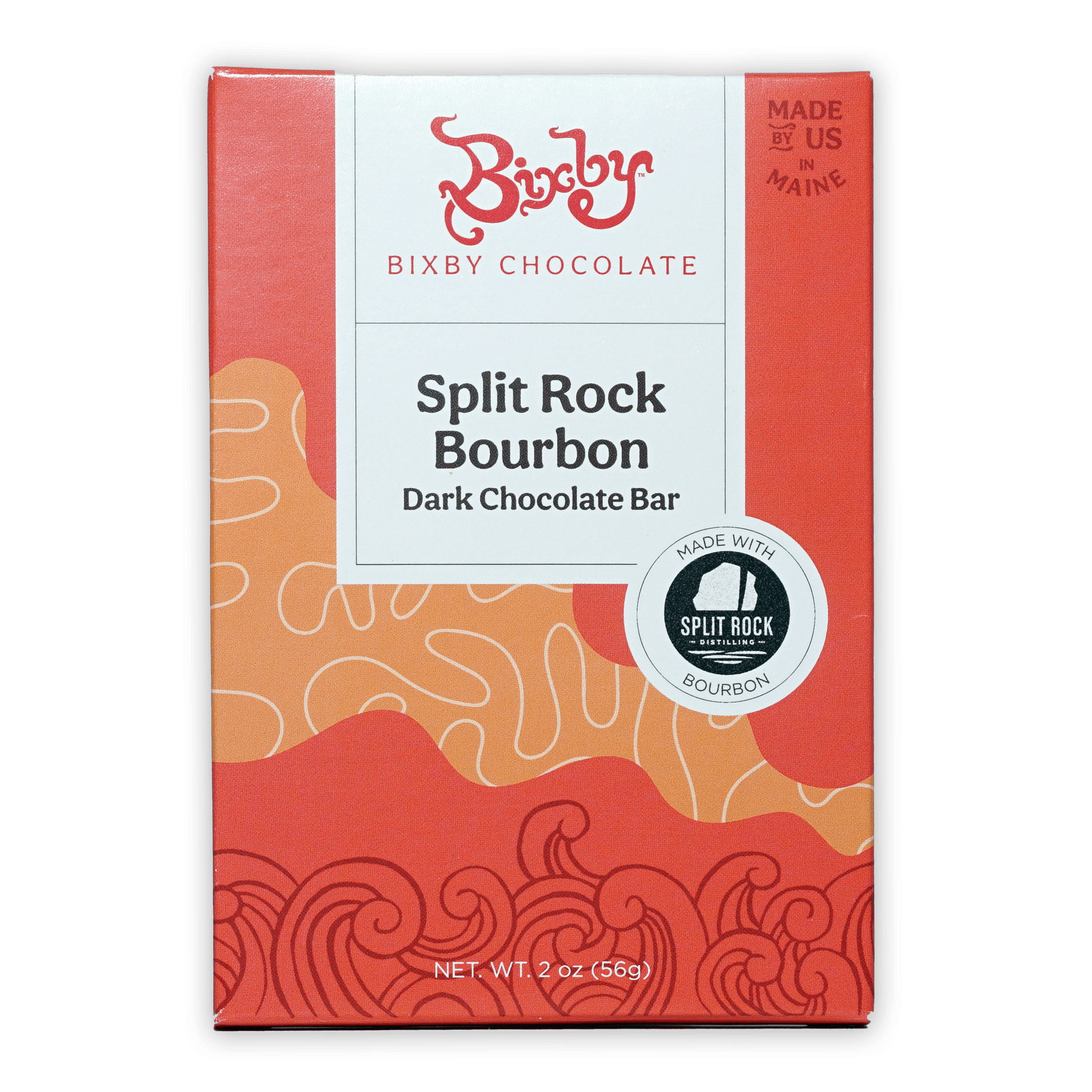 Bixby Split Rock Bourbon dark chocolate bar in red orange package