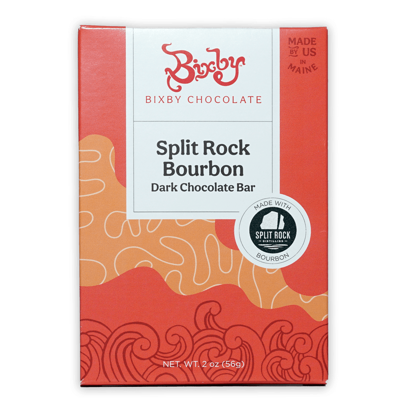 Bixby Split Rock Bourbon dark chocolate bar in red orange package