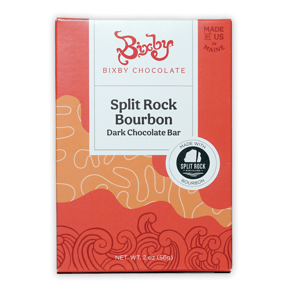 Bixby Split Rock Bourbon dark chocolate bar in red orange package