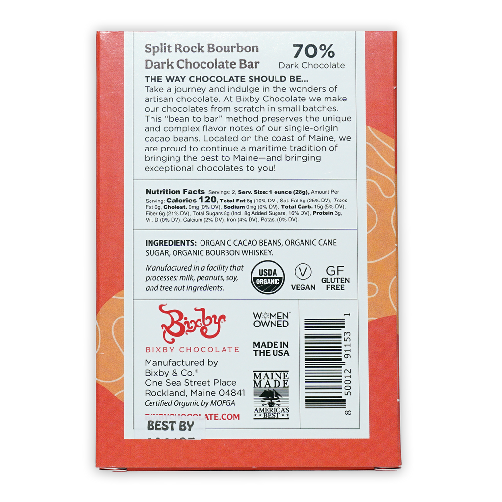 Bixby Dark Chocolate Split Rock Bourbon 70% orange bar package
