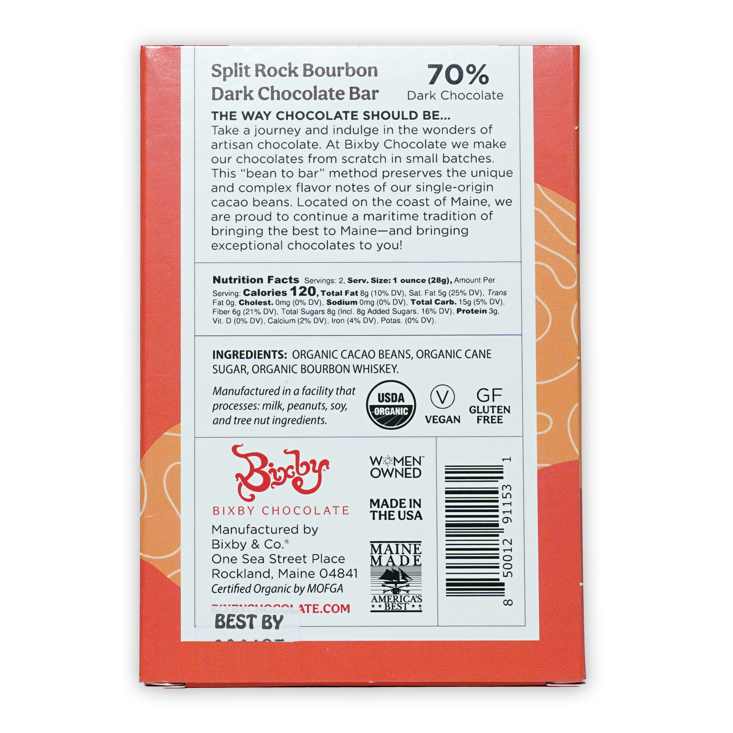 Bixby Dark Chocolate Split Rock Bourbon 70% orange bar package