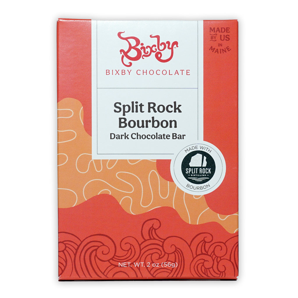 Bixby Split Rock Bourbon dark chocolate bar in red orange package