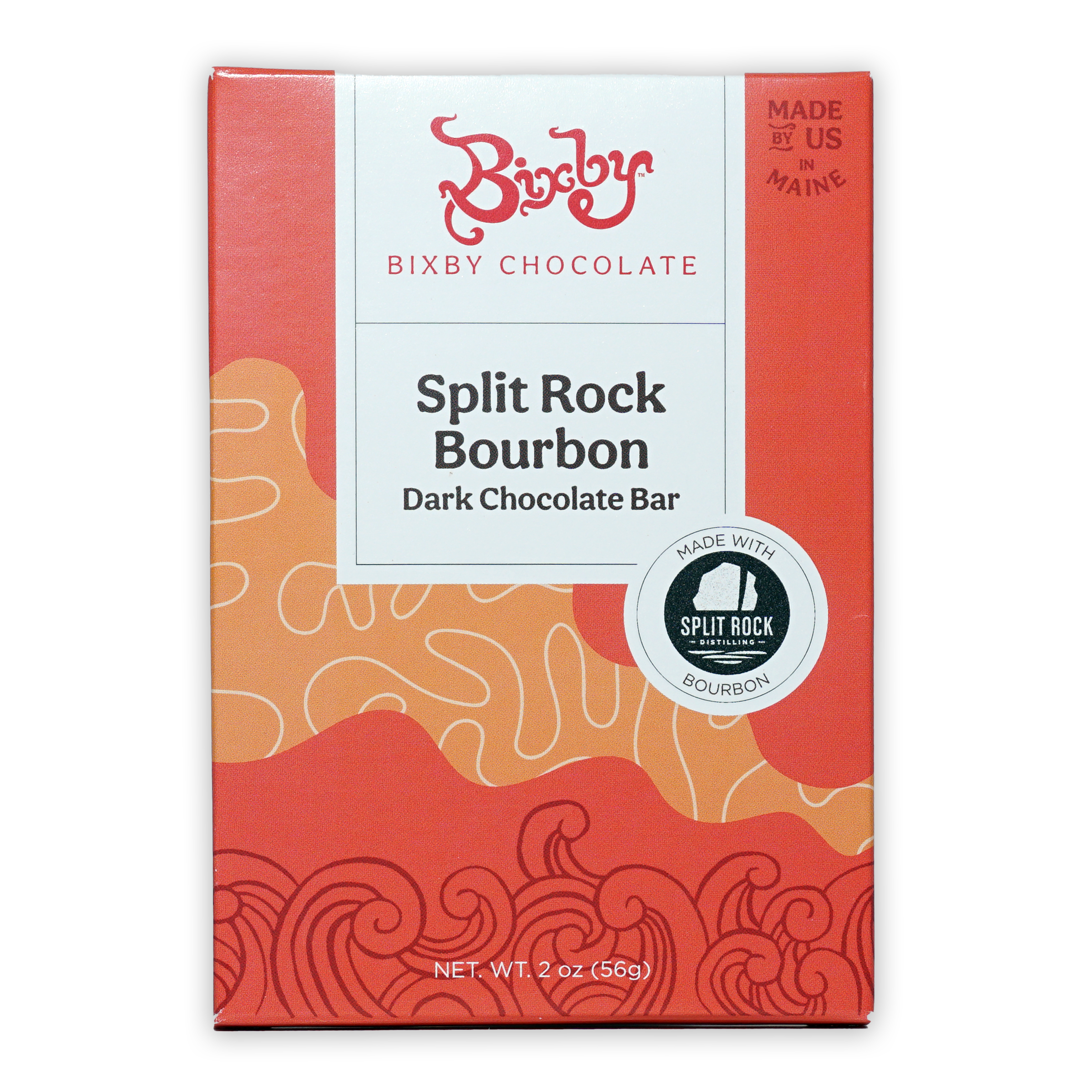 Bixby Split Rock Bourbon dark chocolate bar in red orange package