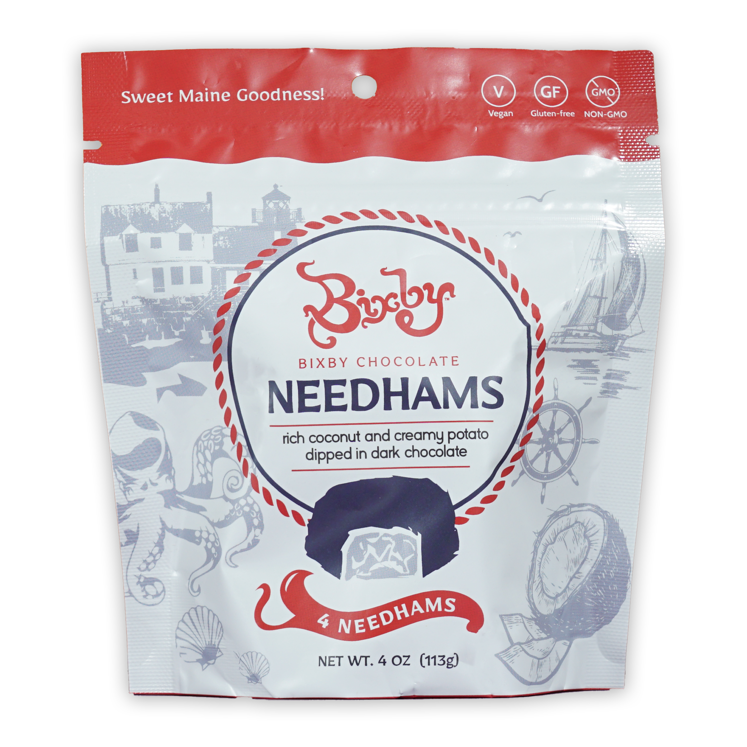 Bixby Chocolate Needhams 4 bars in red white nautical pouch