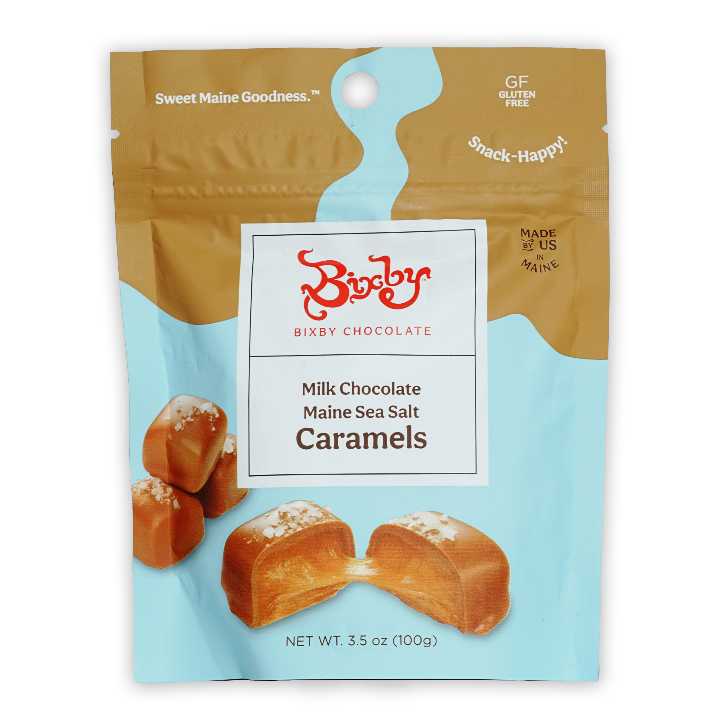Bixby milk chocolate Maine sea salt caramels resealable bag