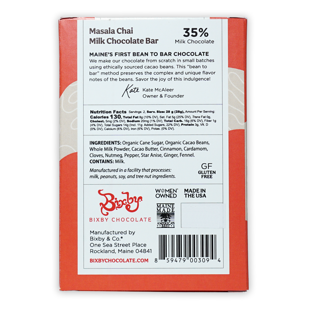 Bixby Milk Chocolate w/ Masala Chai 35% red and white bar