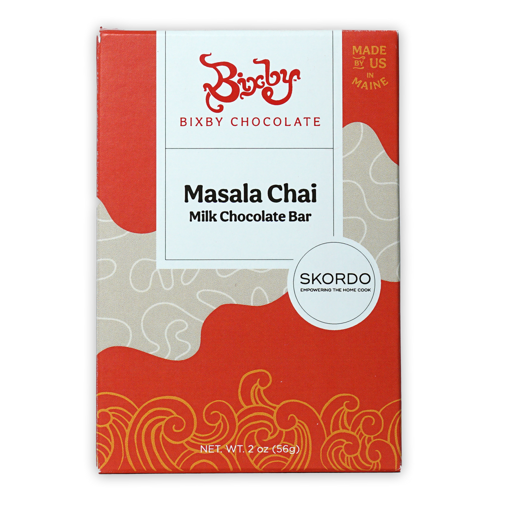 Bixby Milk Chocolate w/ Masala Chai 35% bar in red beige box with orange swirls