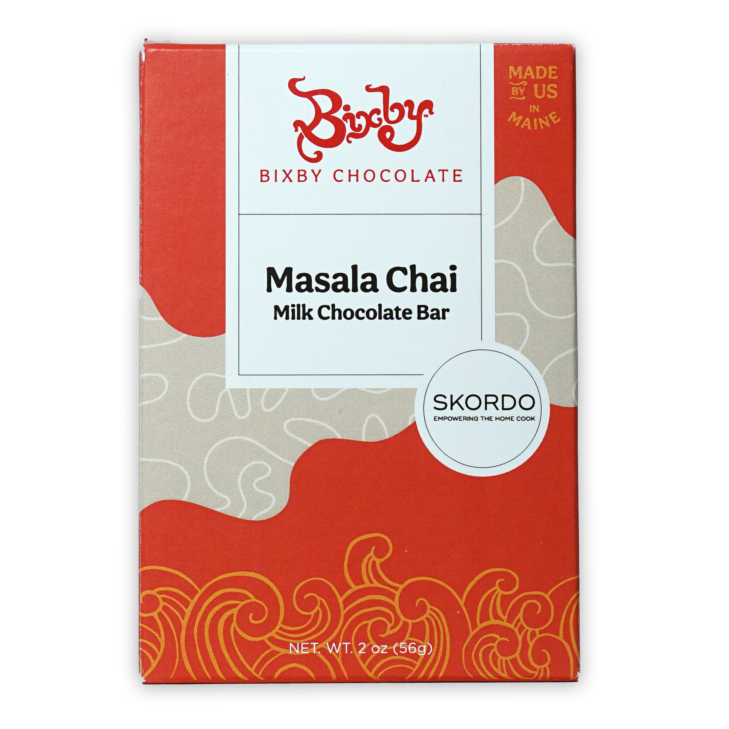 Bixby Milk Chocolate w/ Masala Chai 35% bar in red beige box with orange swirls
